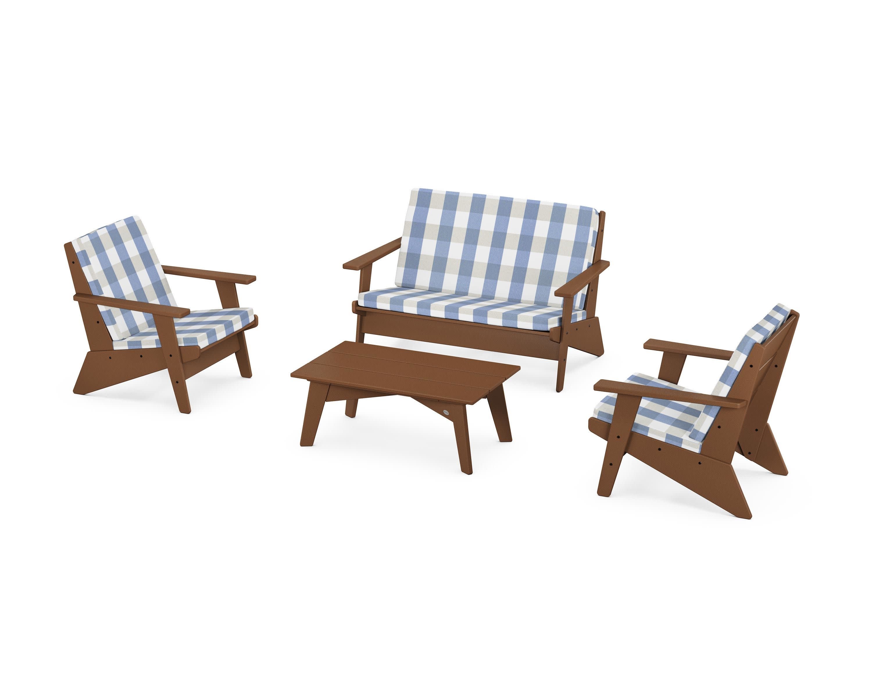 Riviera Modern Lounge 4-Piece Set in Teak / Buffalo Plaid Sky Blue