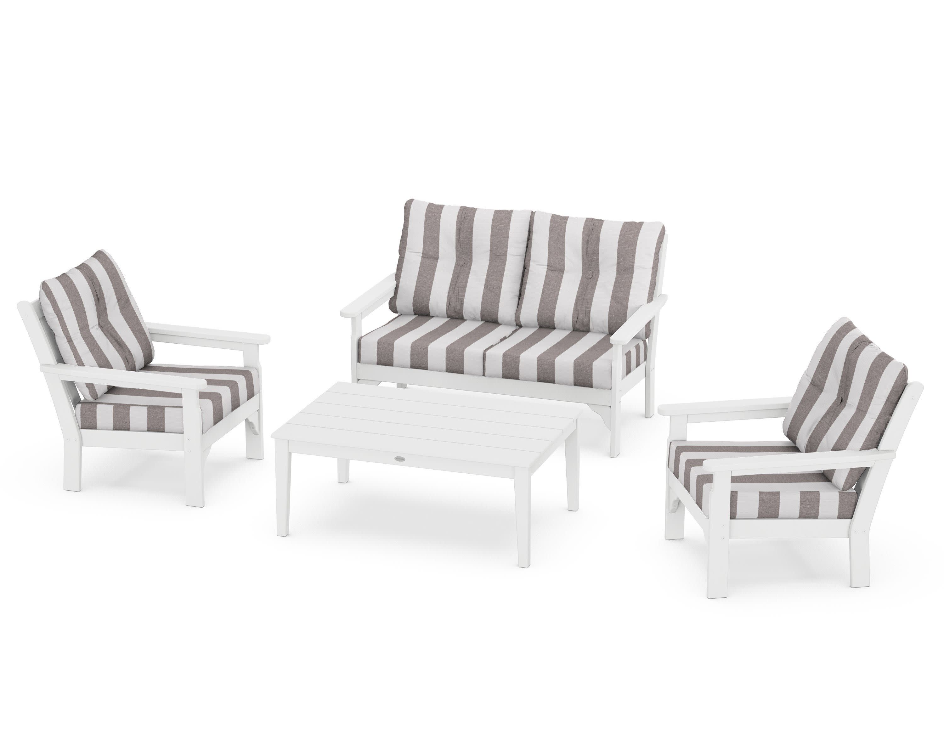 Vineyard 4-Piece Deep Seating Set in White / Cabana Stripe Grey Mist
