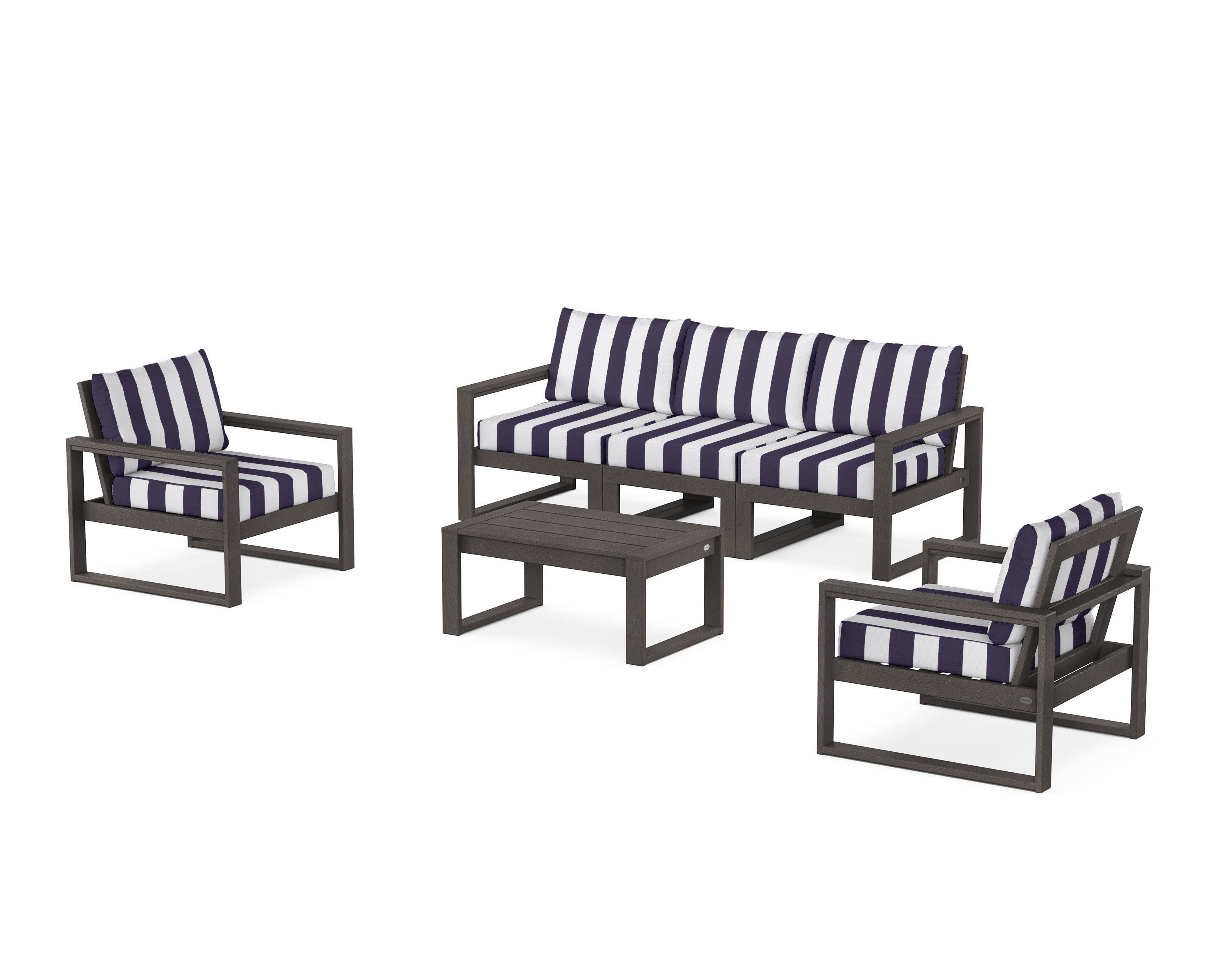 EDGE Sectional 4-Piece Deep Seating Set with Sofa in Vintage Coffee / Cabana Stripe Navy