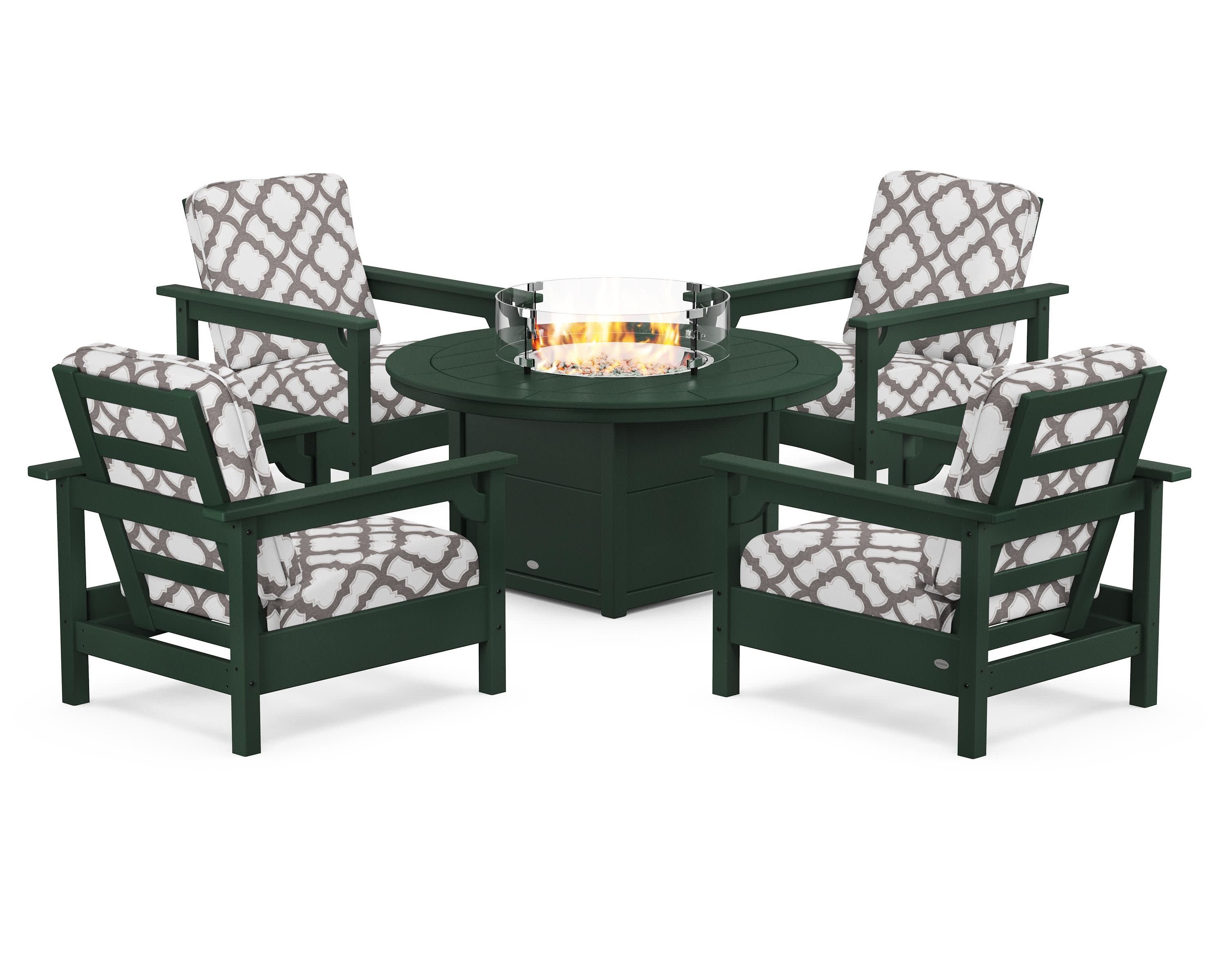 Club 5-Piece Conversation Set with Fire Pit Table in Green / Trellis Grey Mist