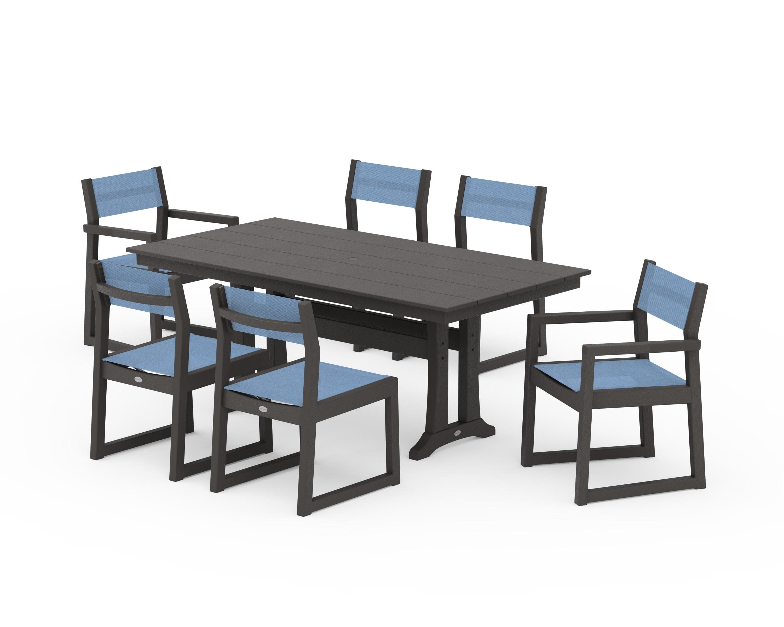 EDGE Sling 7-Piece Farmhouse Trestle Dining Set in Vintage Coffee / Poolside Sling