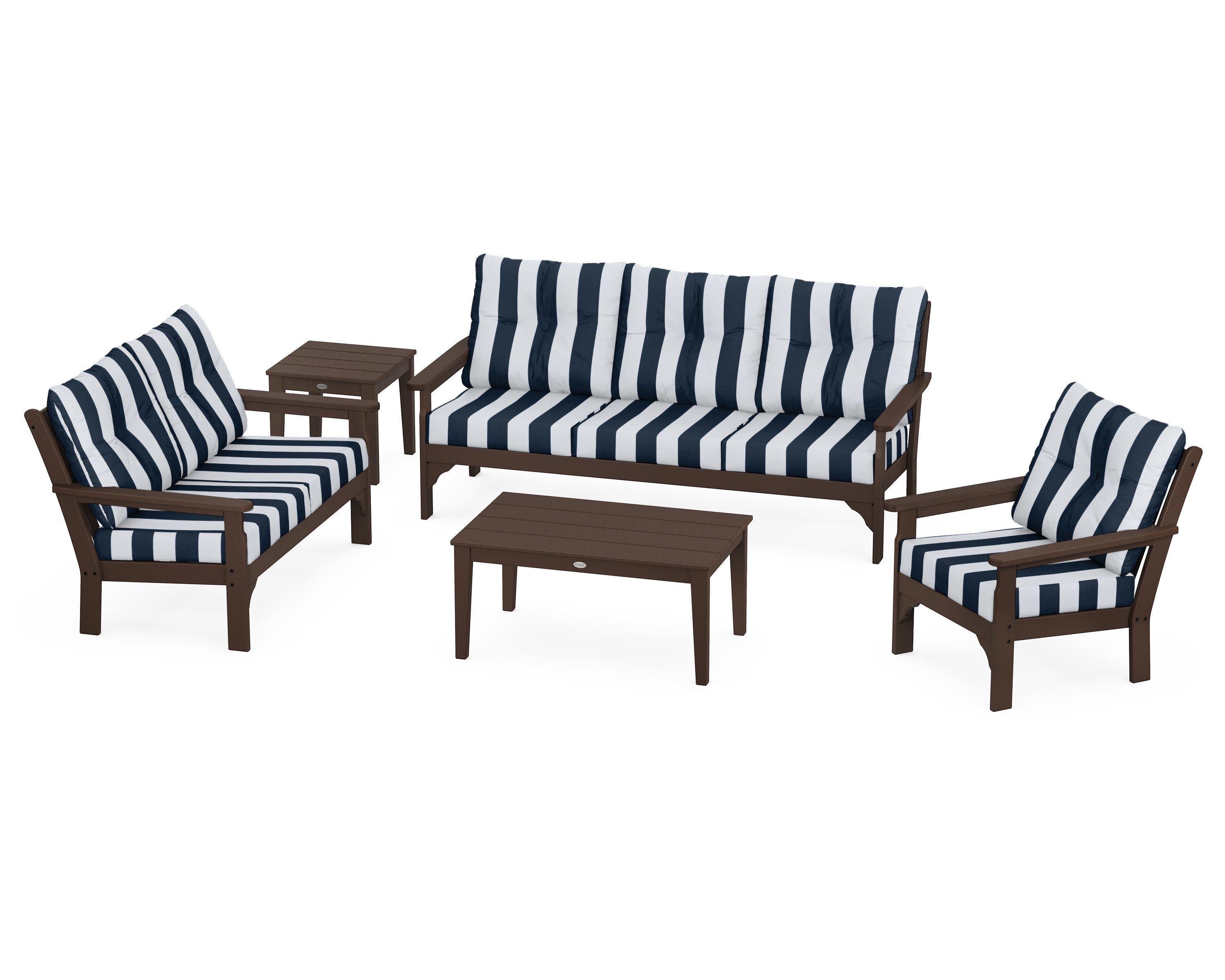 Vineyard 5 Piece Deep Seating Set in Mahogany / Cabana Stripe Marine Indigo