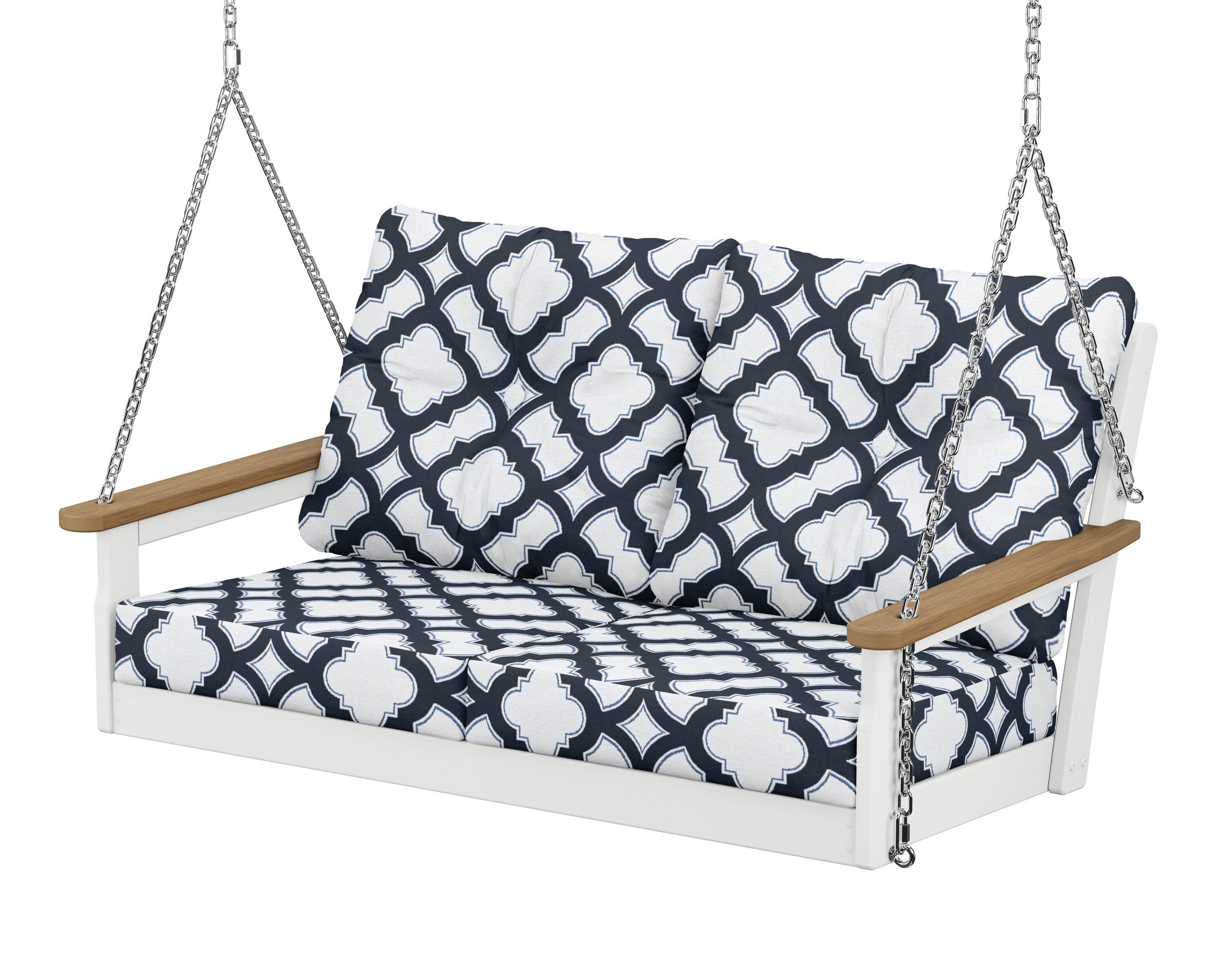 Vineyard Deep Seating Swing in White / Natural / Trellis Marine Indigo