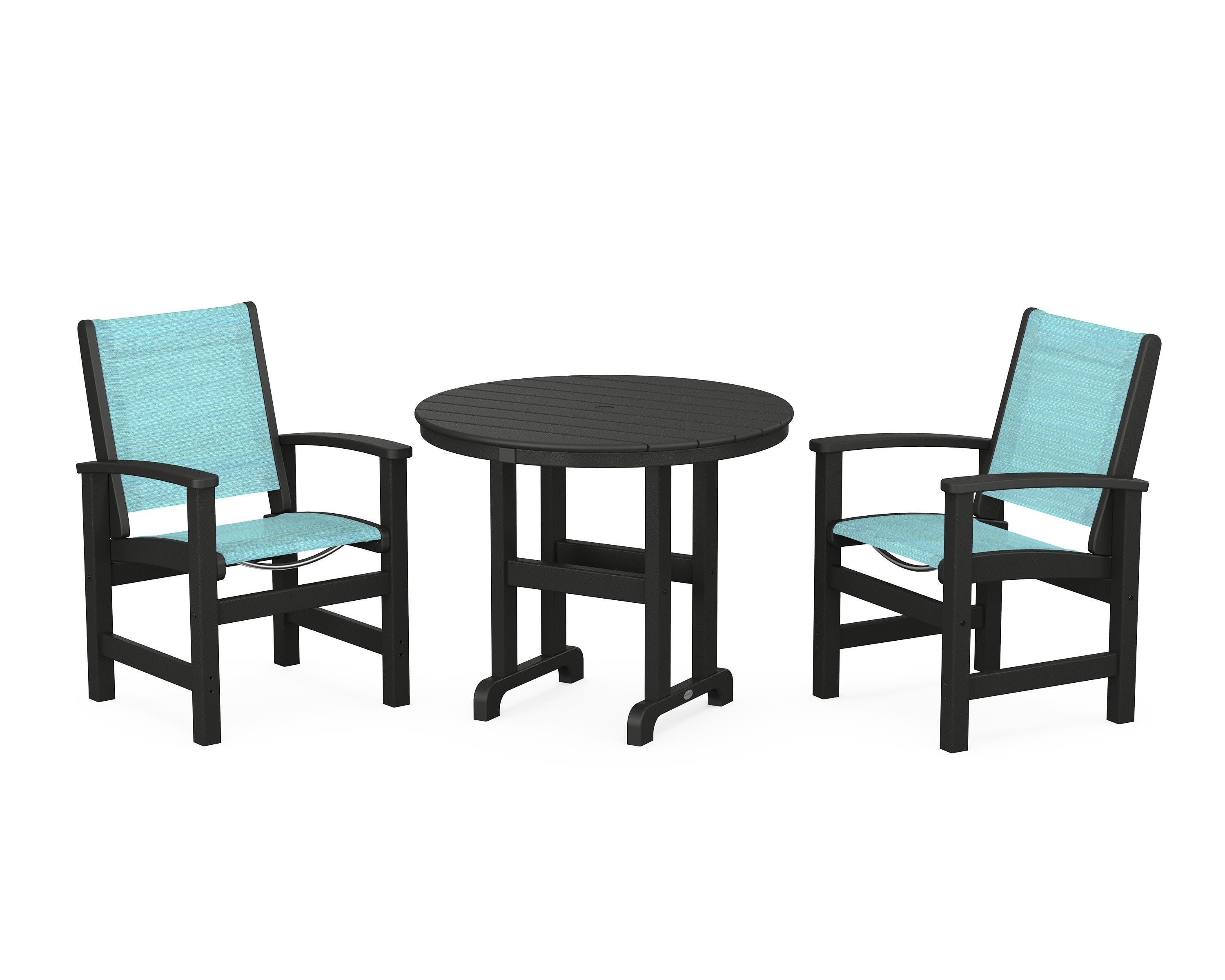 Coastal 3-Piece Round Dining Set in Black / Dupioni Aquamarine Sling