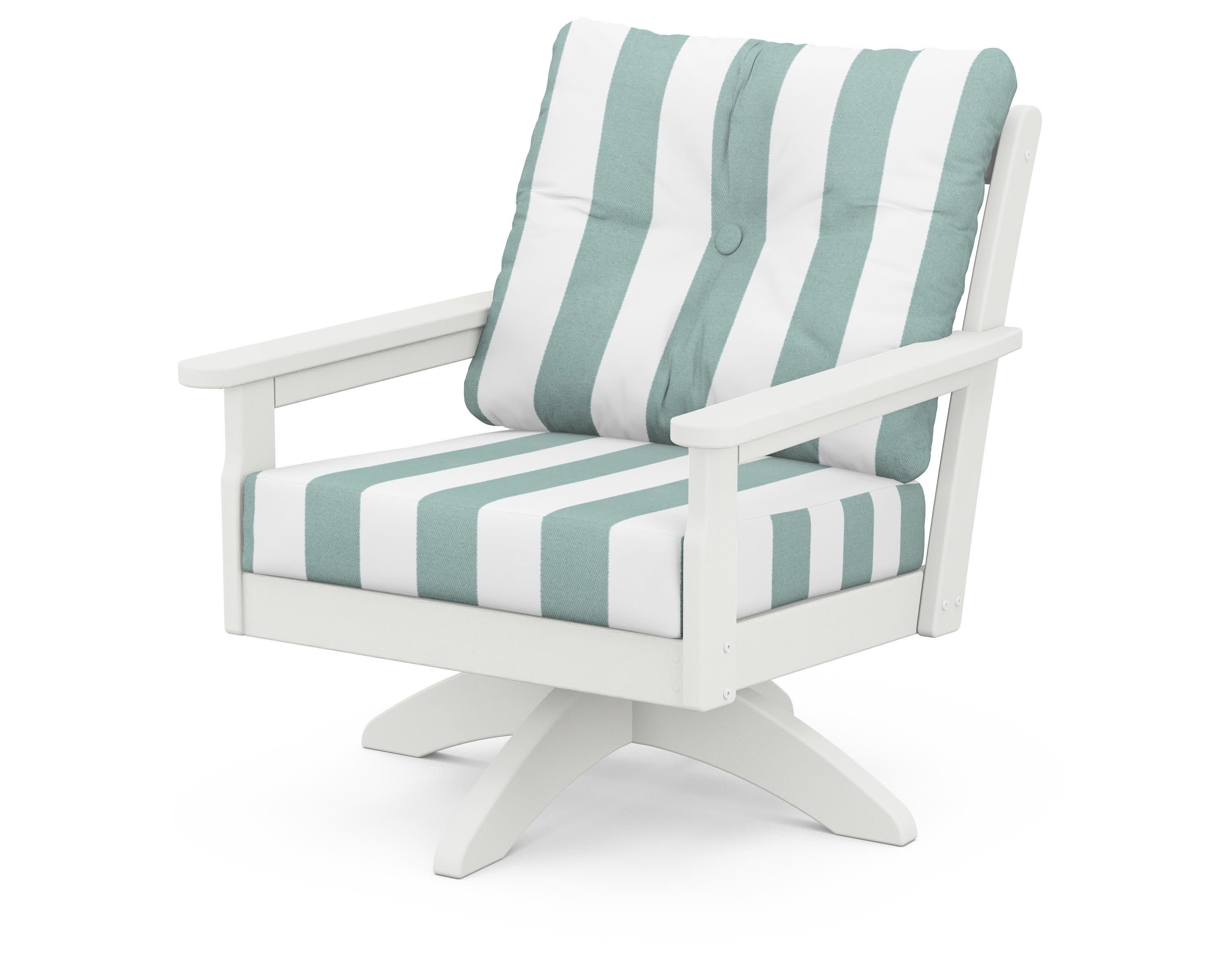 Vineyard Deep Seating Swivel Chair in Vintage White / Cabana Stripe Glacier Spa