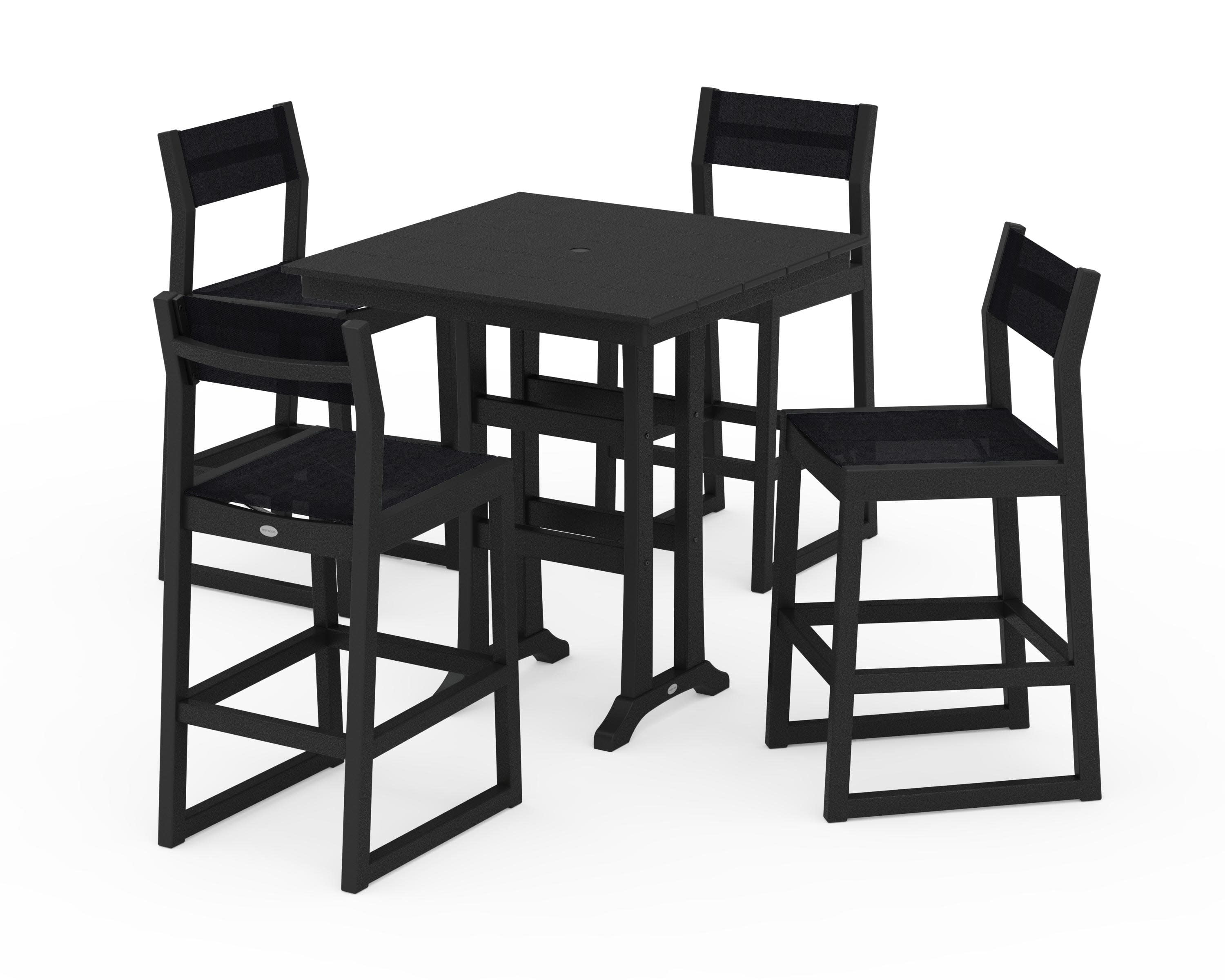 EDGE Sling Arm Chair 5-Piece Farmhouse Bar Set with Trestle Legs in Black / Black Sling