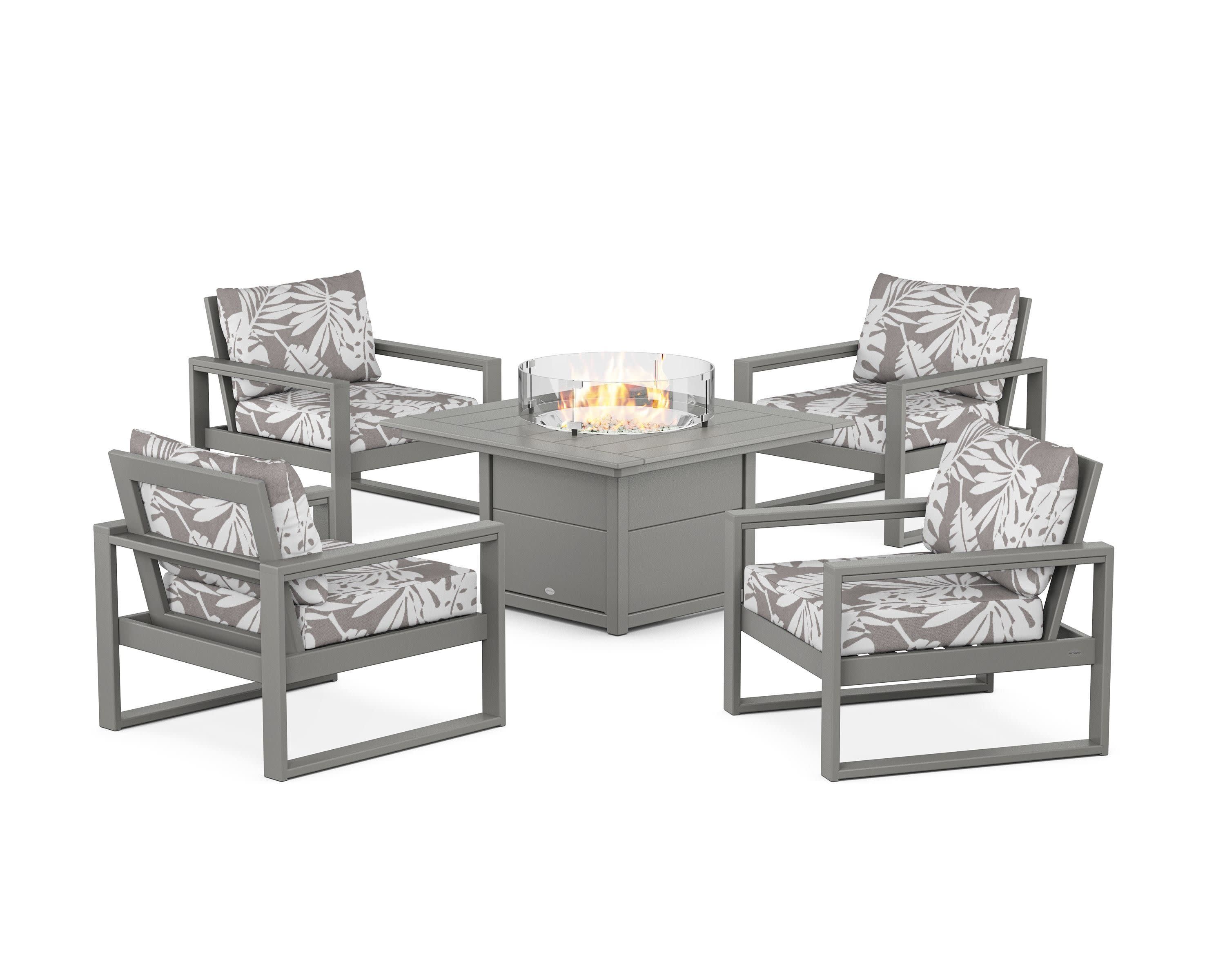 EDGE Sectional 5-Piece Deep Seating Set with Fire Pit Table in Slate Grey / Leaf Grey Mist