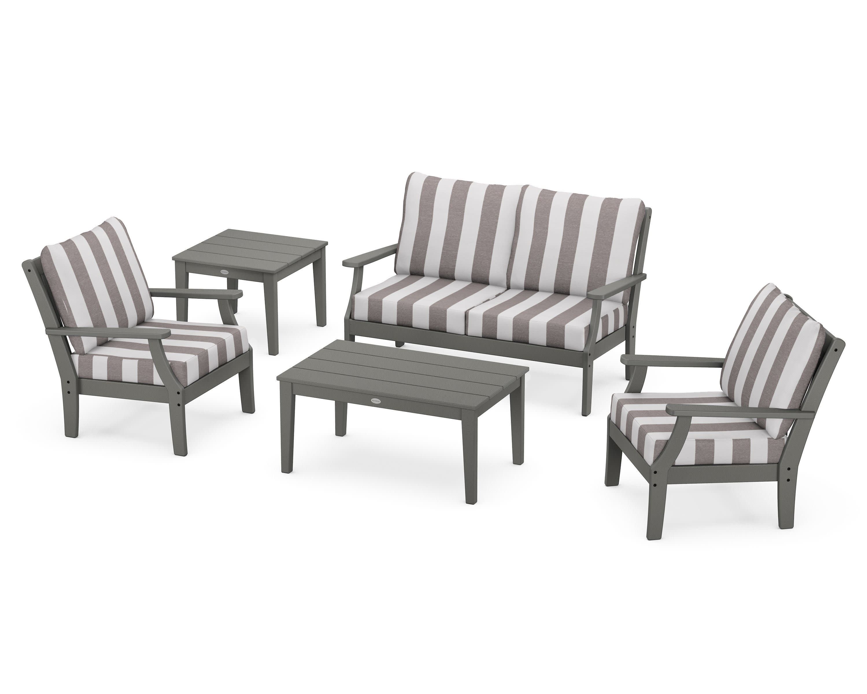 Braxton 5-Piece Deep Seating Set in Slate Grey / Cabana Stripe Grey Mist