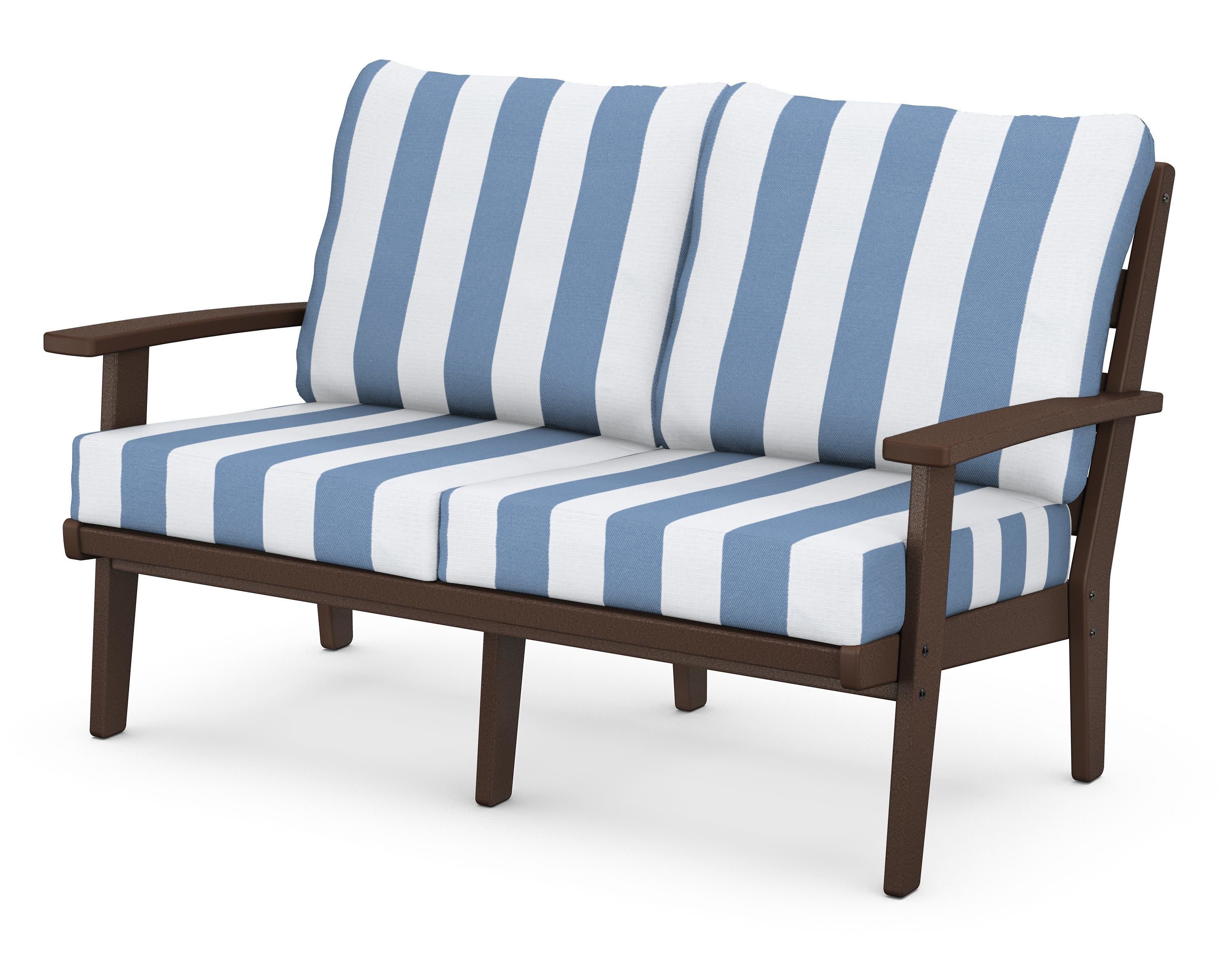 Grant Park Deep Seating Loveseat in Mahogany / Cabana Stripe Sky Blue