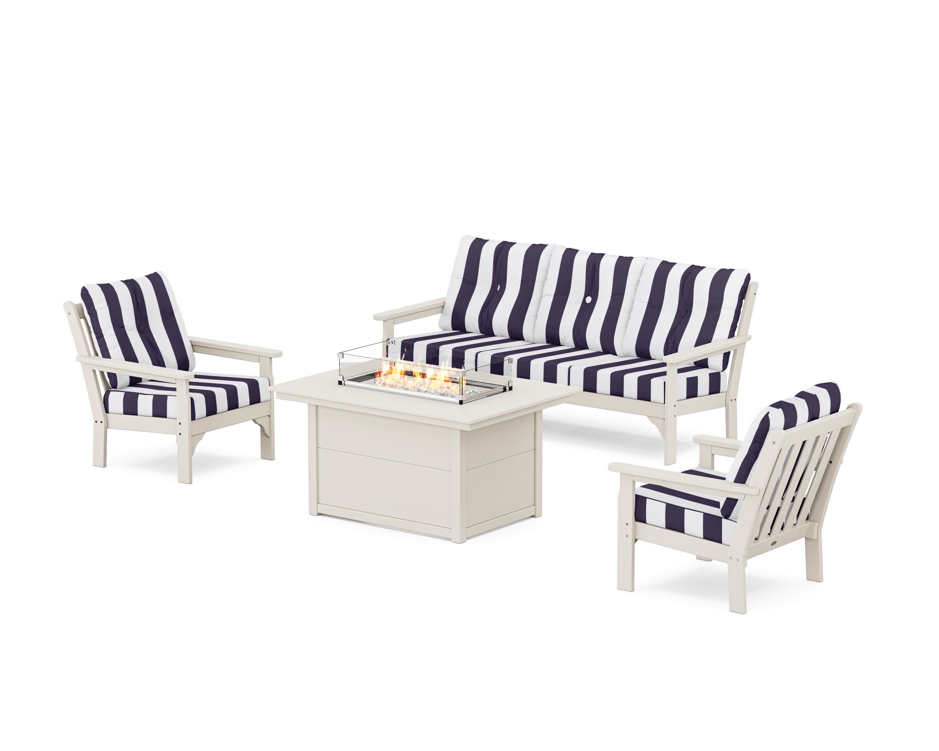 Vineyard Deep Seating Fire Pit Table Set in Sand / Cabana Stripe Navy