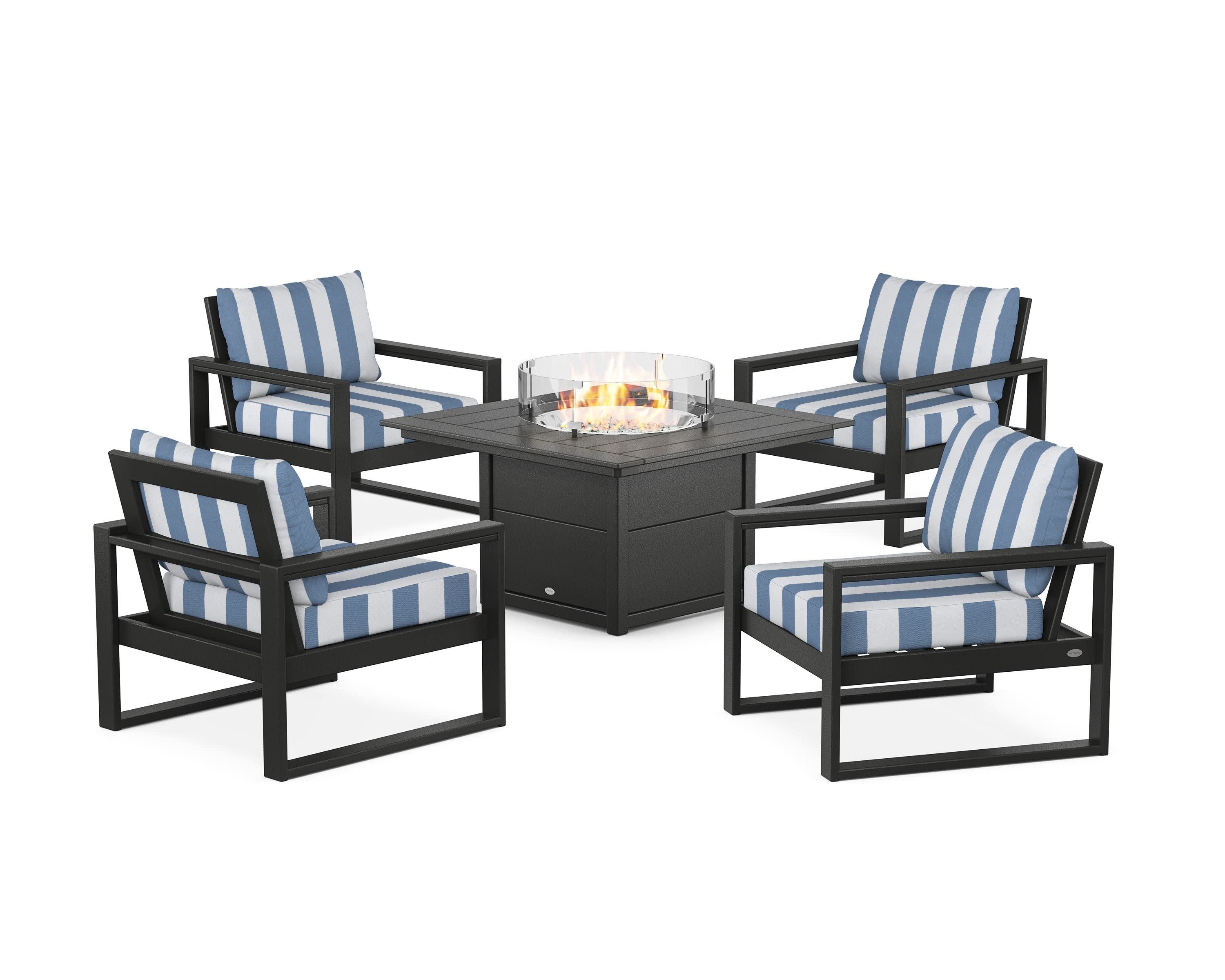 EDGE Sectional 5-Piece Deep Seating Set with Fire Pit Table in Black / Cabana Stripe Sky Blue