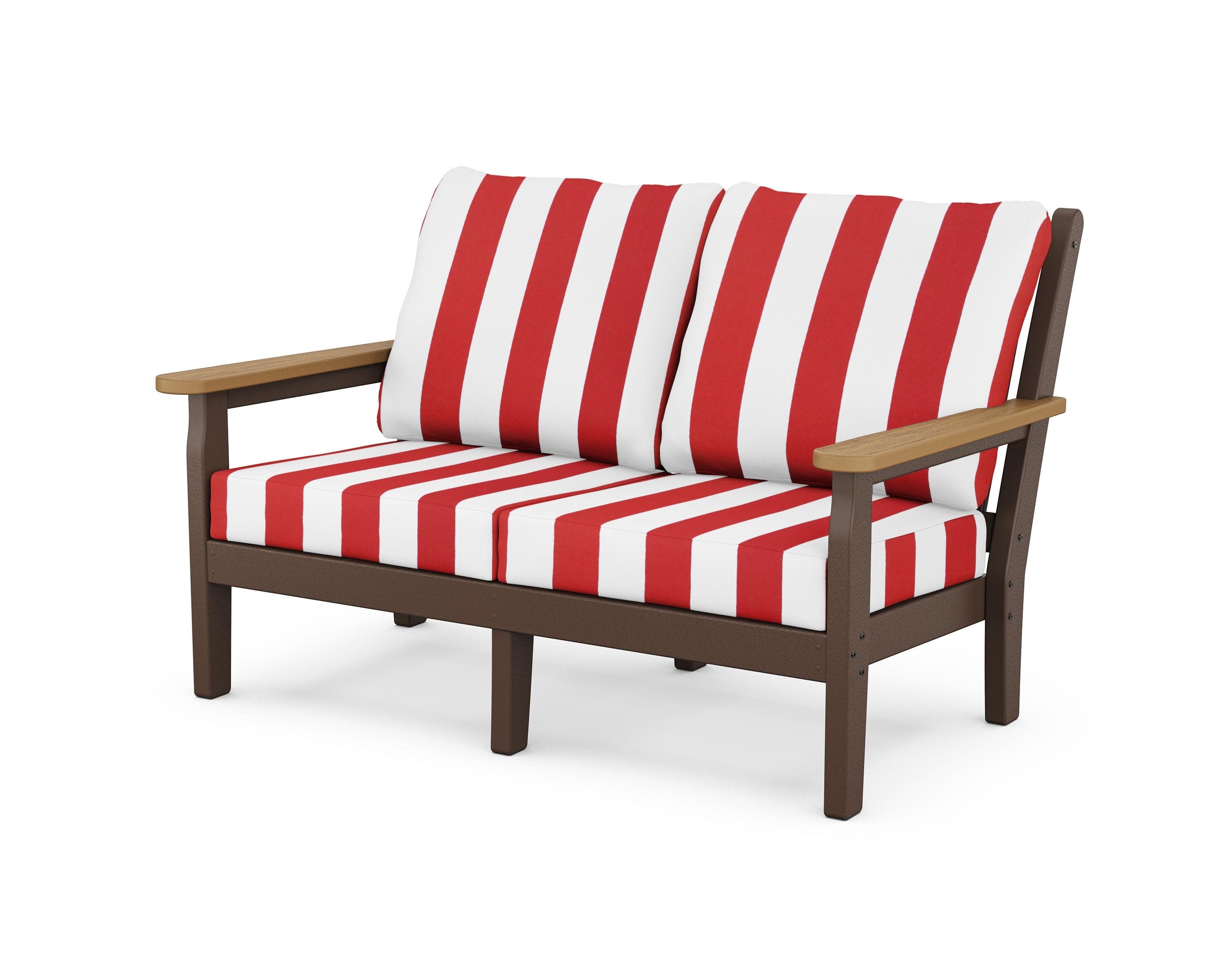 Chippendale Deep Seating Loveseat in Mahogany / Natural / Cabana Stripe Crimson