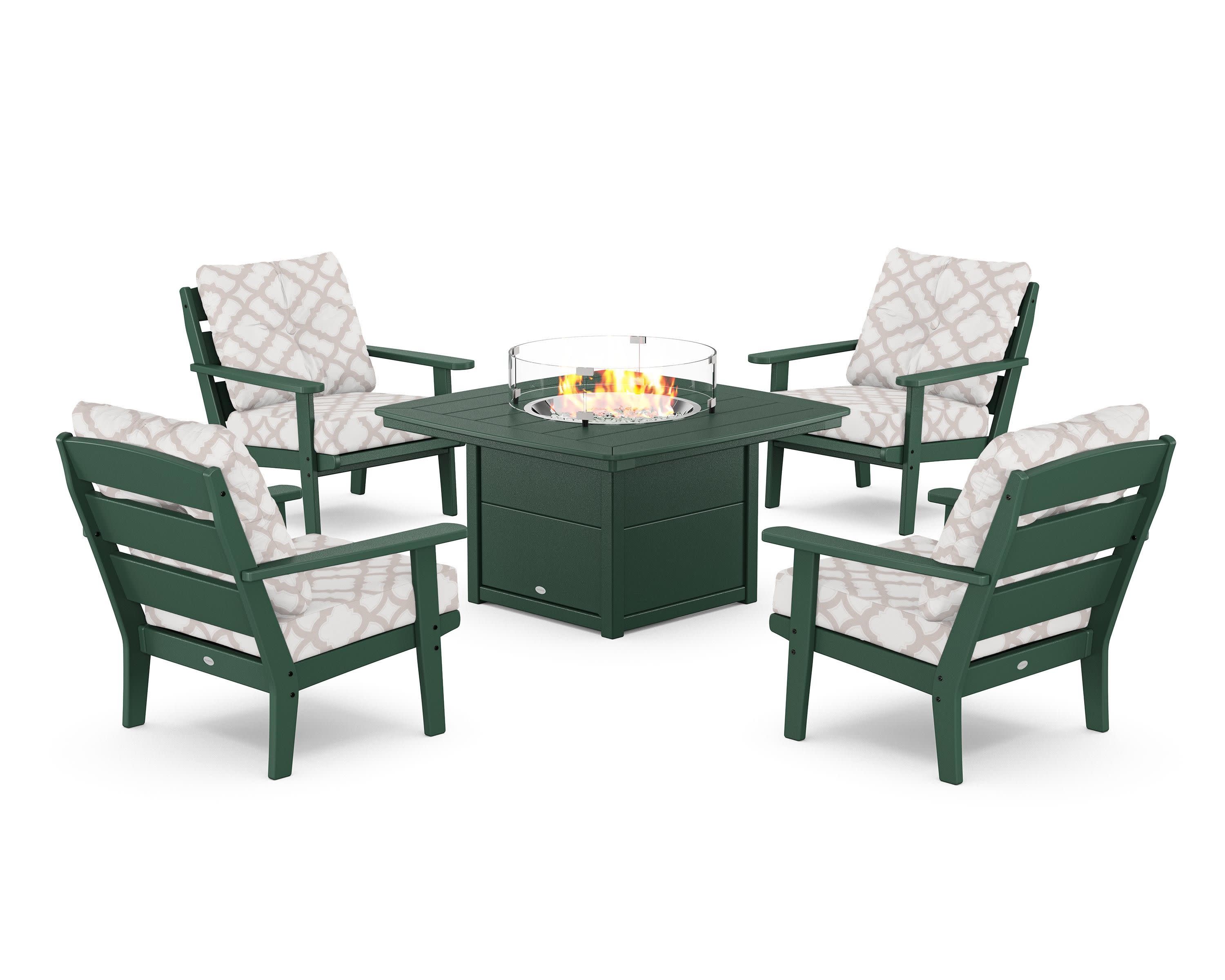 Lakeside 5-Piece Deep Seating Set with Nautical Fire Pit Table in Green / Trellis Dune Burlap