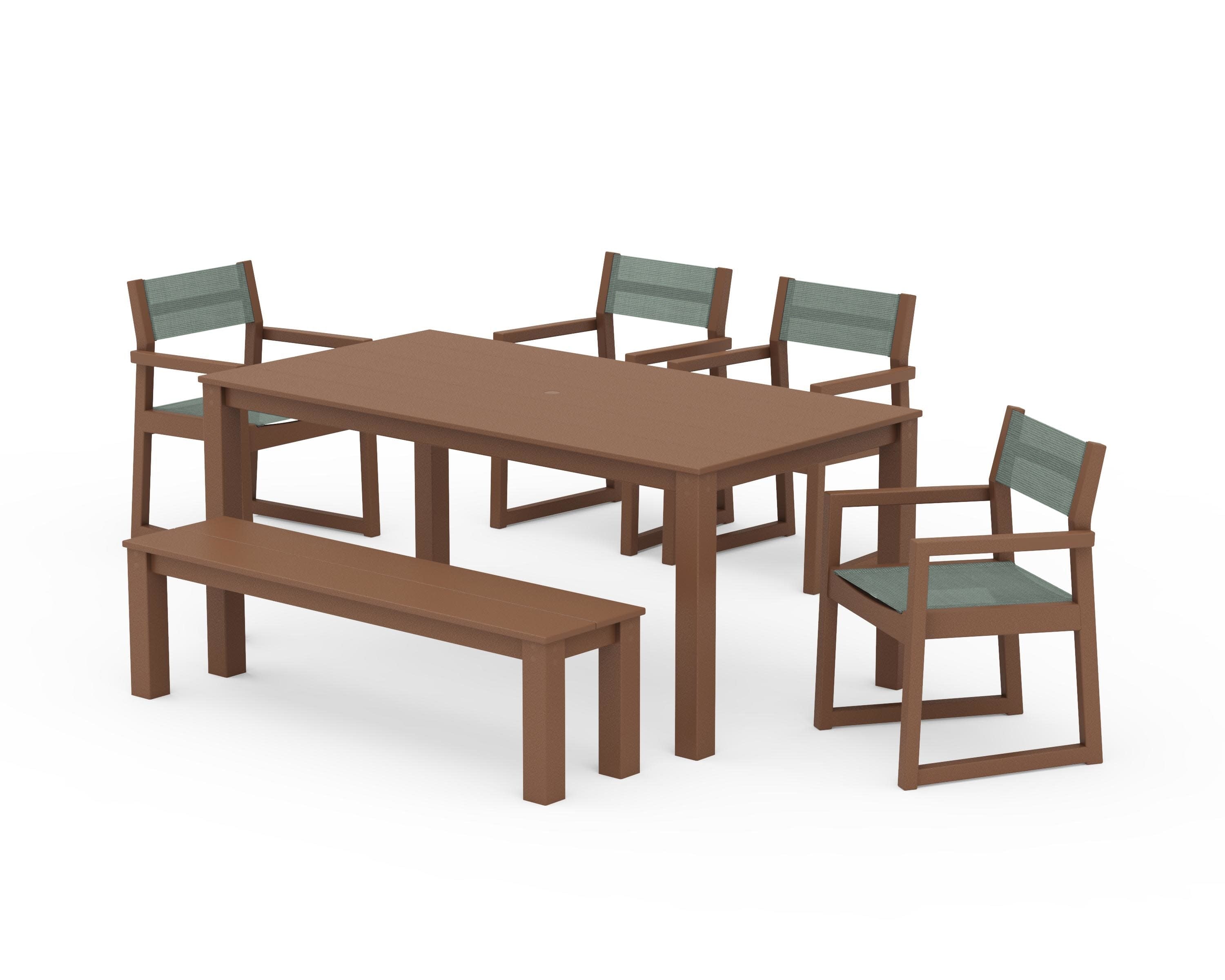 EDGE Sling Arm Chair 6-Piece Parsons Dining Set with Bench in Teak / Dupioni Sea Mist Sling