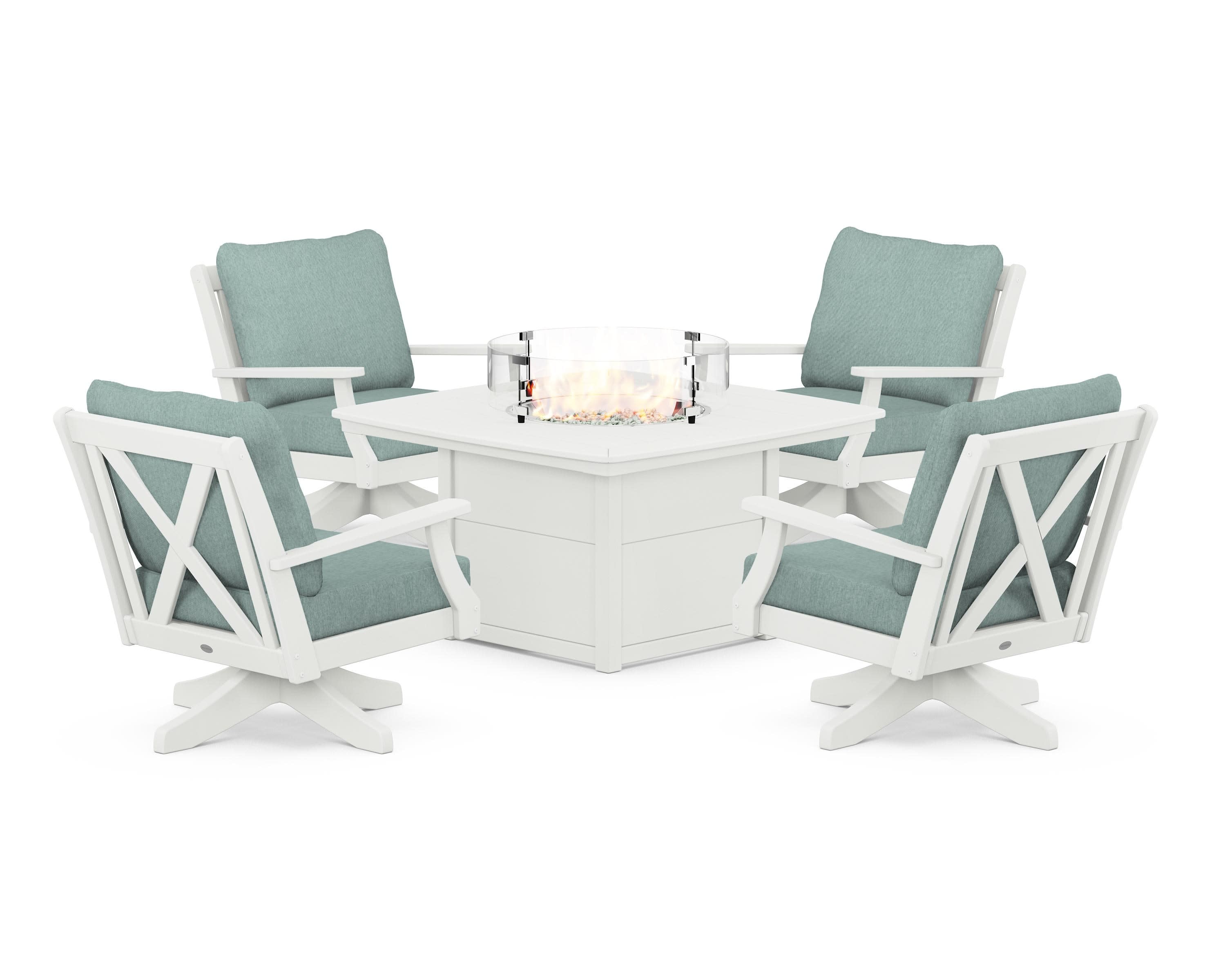 Braxton 5-Piece Deep Seating Swivel Conversation Set with Fire Pit Table in Vintage White / Glacier Spa