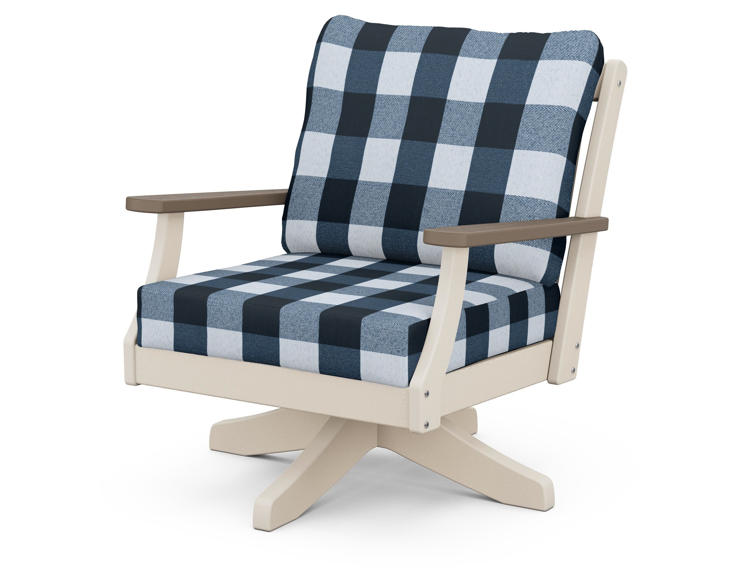 Braxton Deep Seating Swivel Chair in Sand / Kona / Buffalo Plaid Marine Indigo