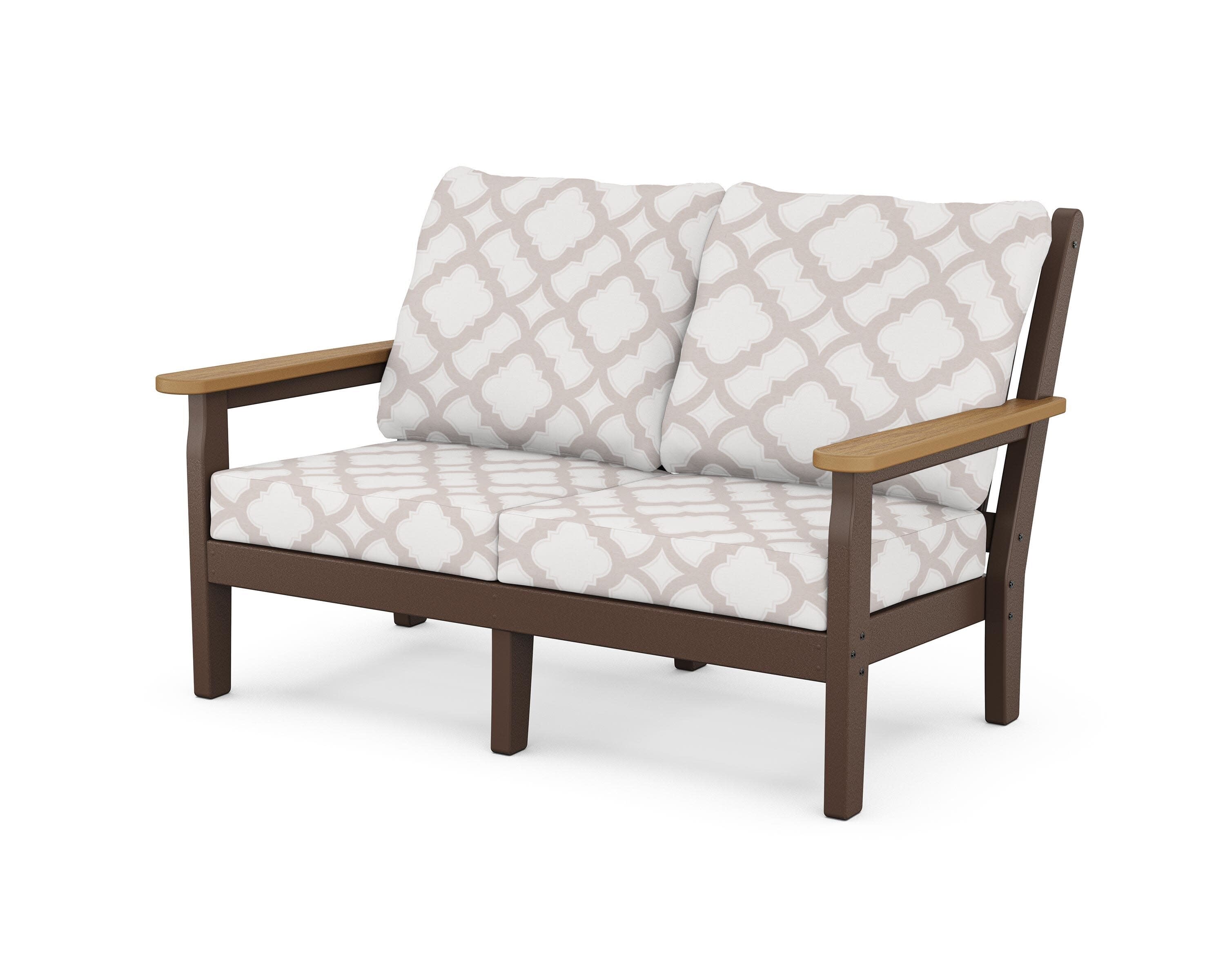 Chippendale Deep Seating Loveseat in Mahogany / Natural / Trellis Dune Burlap