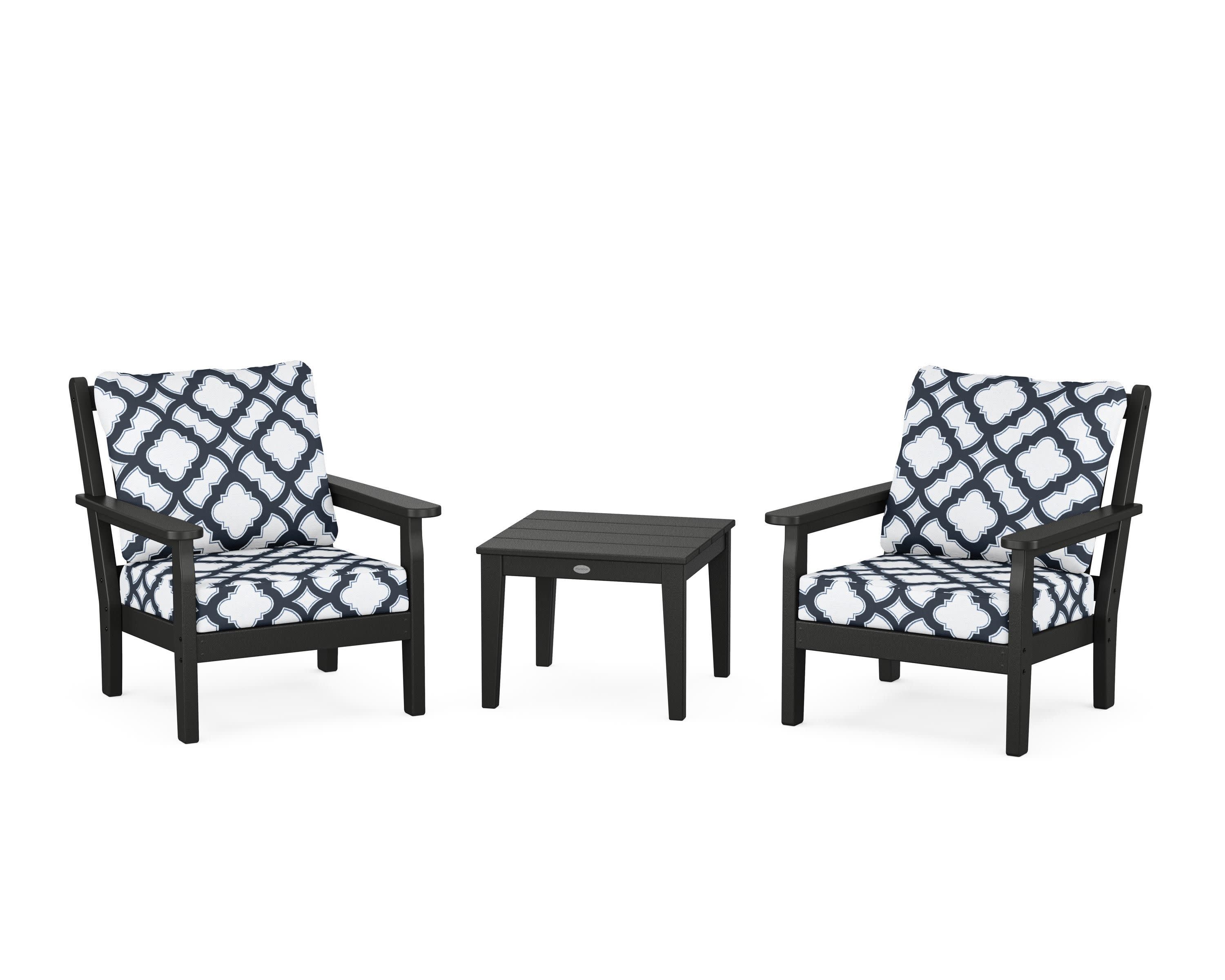 Chippendale 3-Piece Deep Seating Set in Black / Trellis Marine Indigo