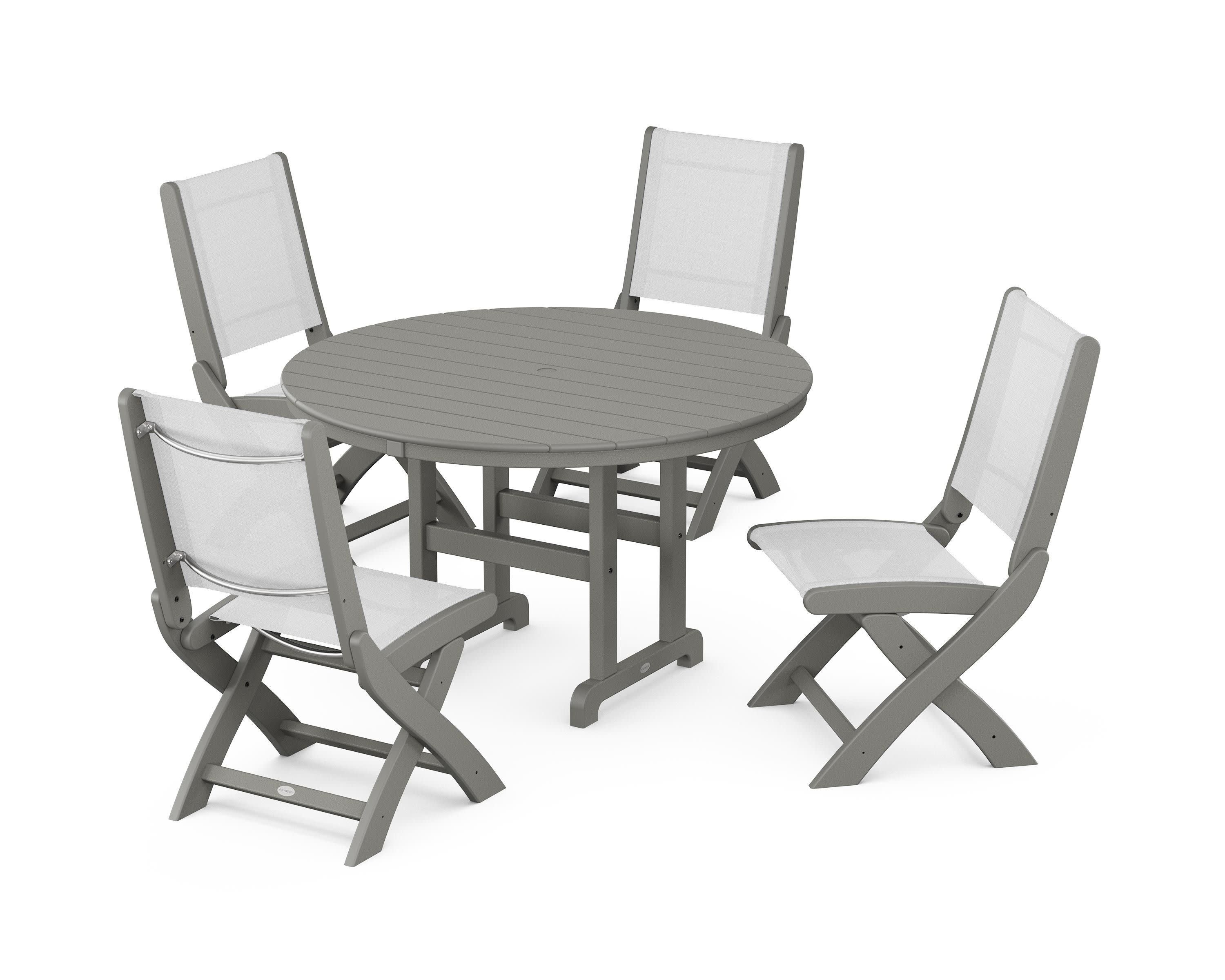Coastal Folding Side Chair 5-Piece Round Dining Set in Slate Grey / White Sling