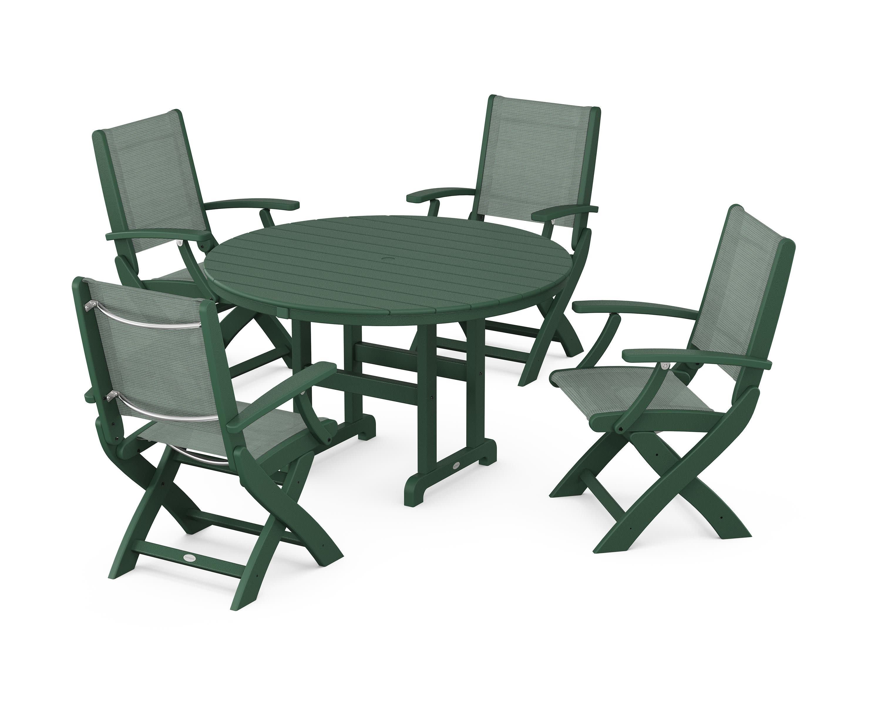 Coastal Folding Chair 5-Piece Round Dining Set in Green / Dupioni Sea Mist Sling