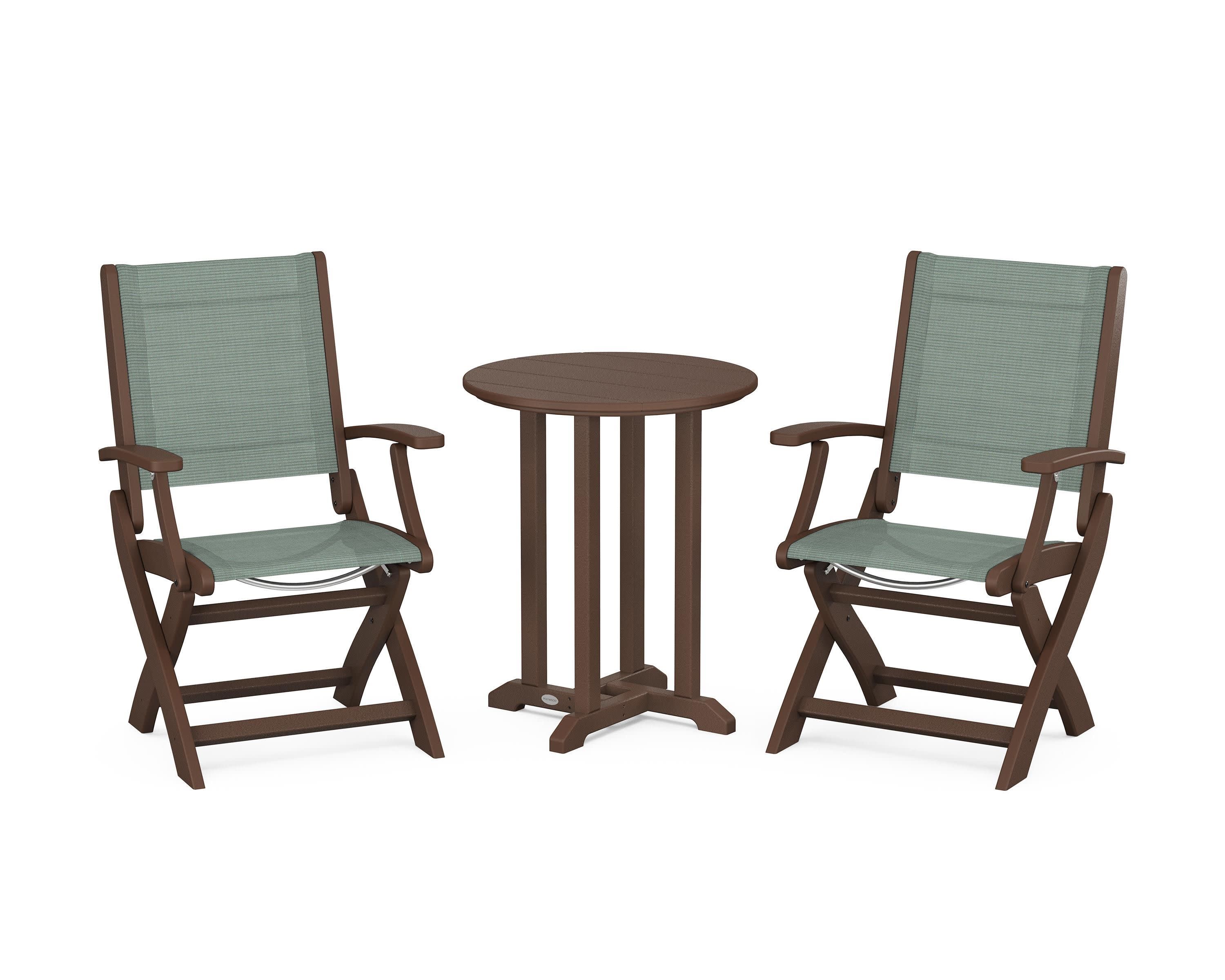 Coastal Folding 3-Piece Round Bistro Dining Set in Mahogany / Dupioni Sea Mist Sling