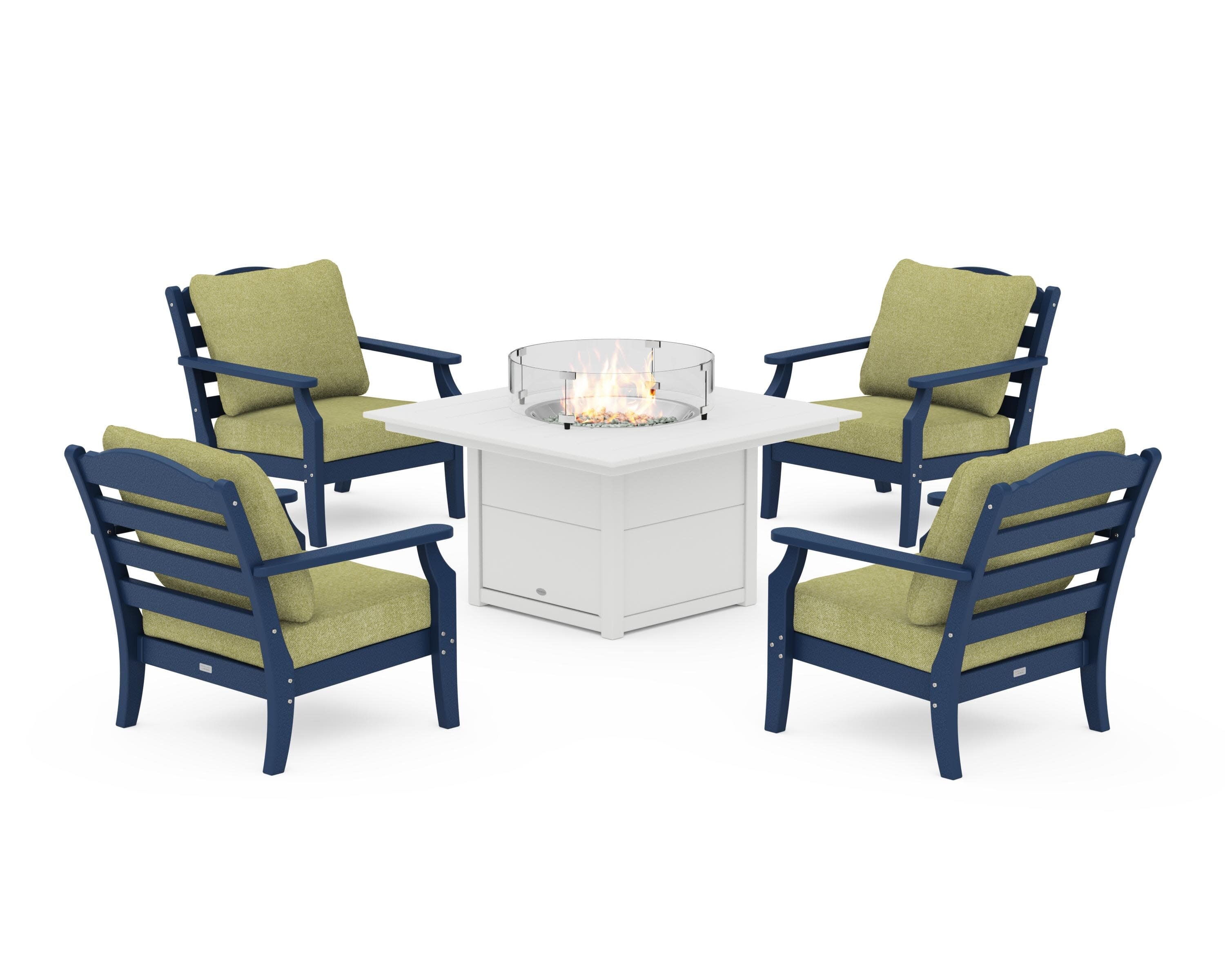 Savannah 5-Piece Deep Seating Set with Fire Pit Table in Navy / Chartreuse Boucle