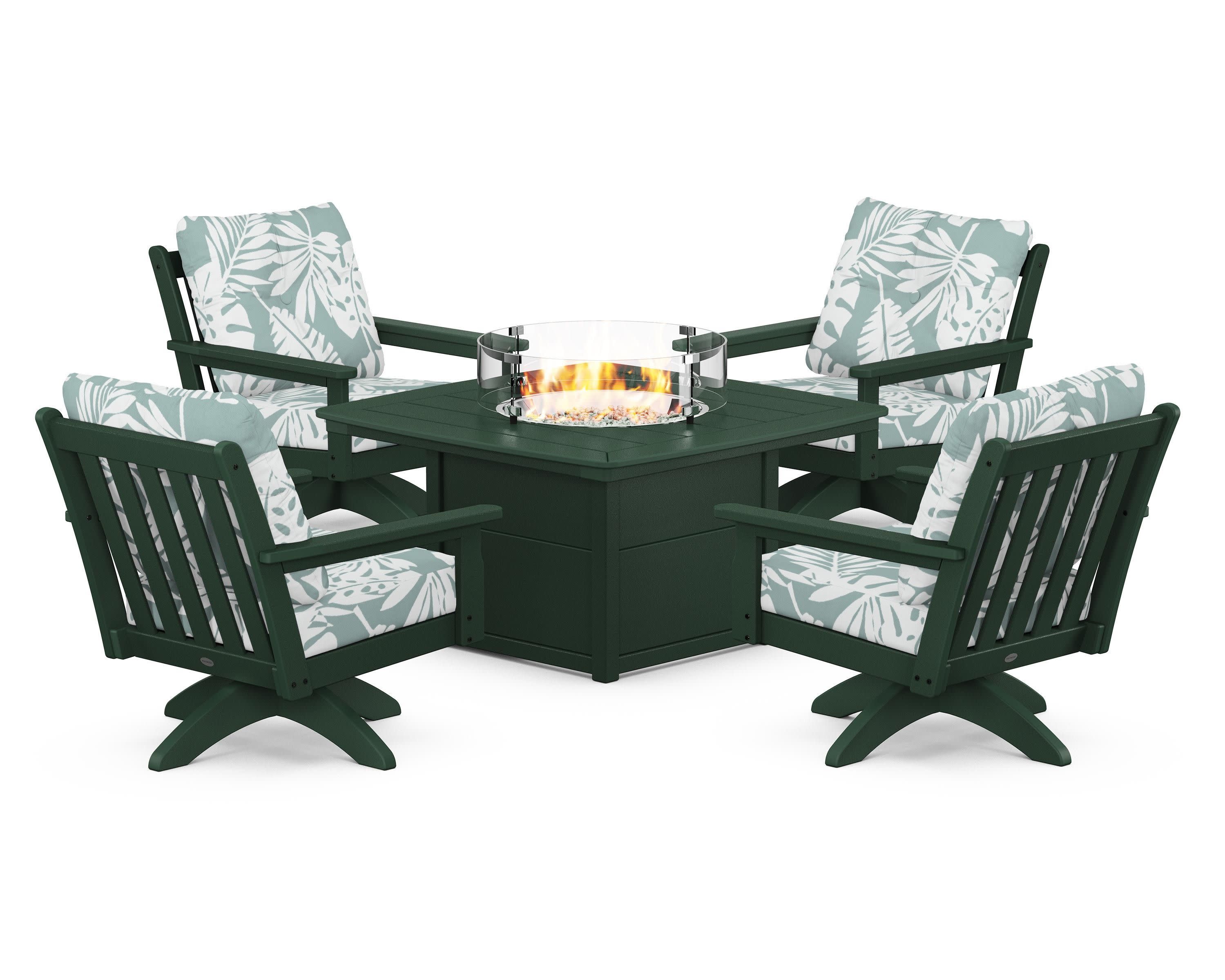 Vineyard 5-Piece Deep Seating Swivel Conversation Set with Fire Pit Table in Green / Leaf Glacier Spa