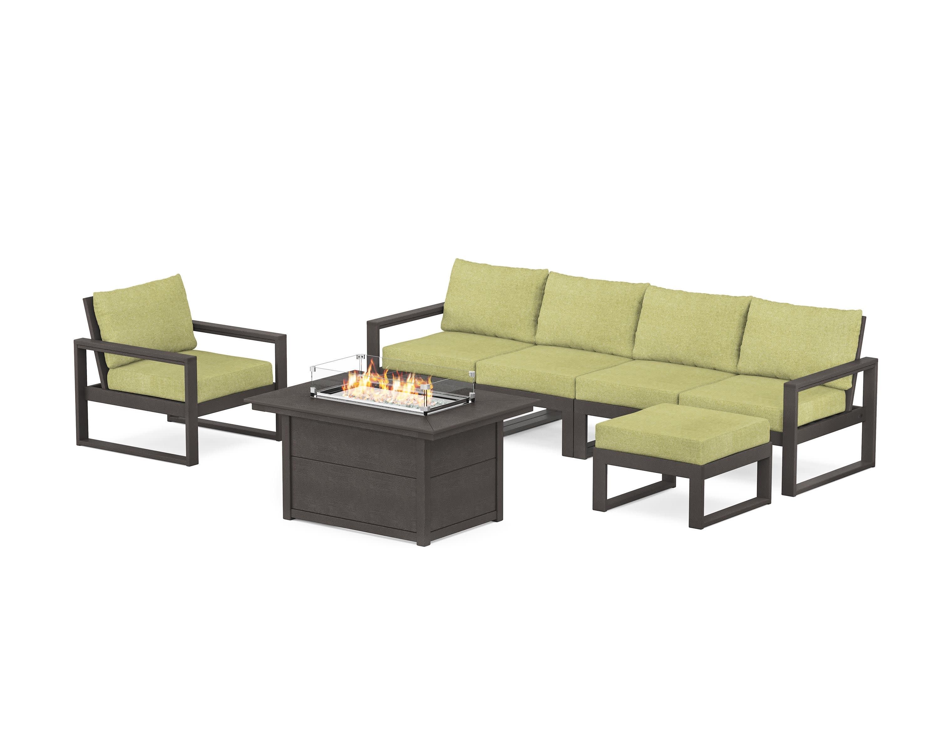 EDGE Sectional Lounge and Fire Pit Set in Vintage Coffee / Chartreuse Boucle