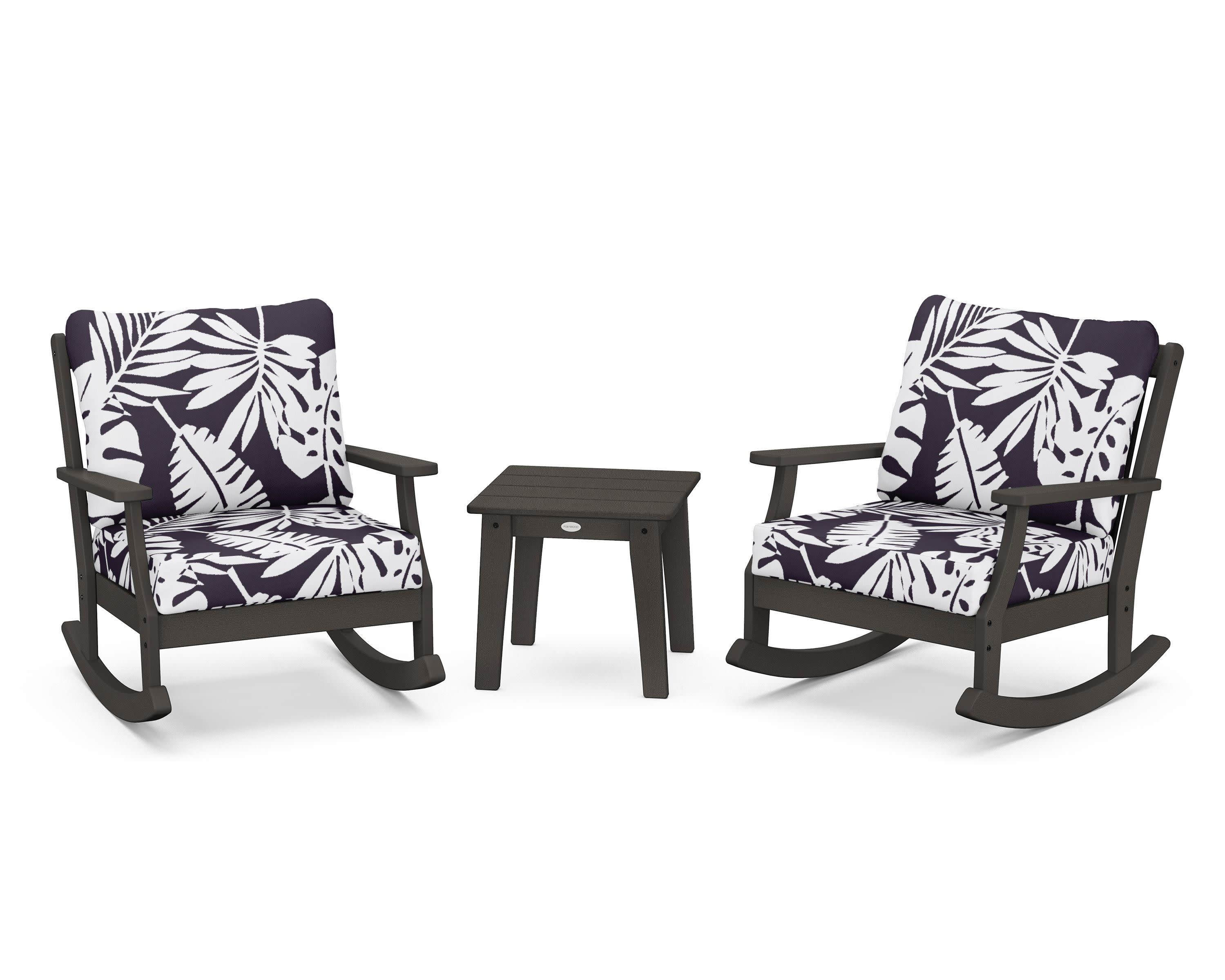 Braxton 3-Piece Deep Seating Rocker Set in Vintage Coffee / Leaf Navy