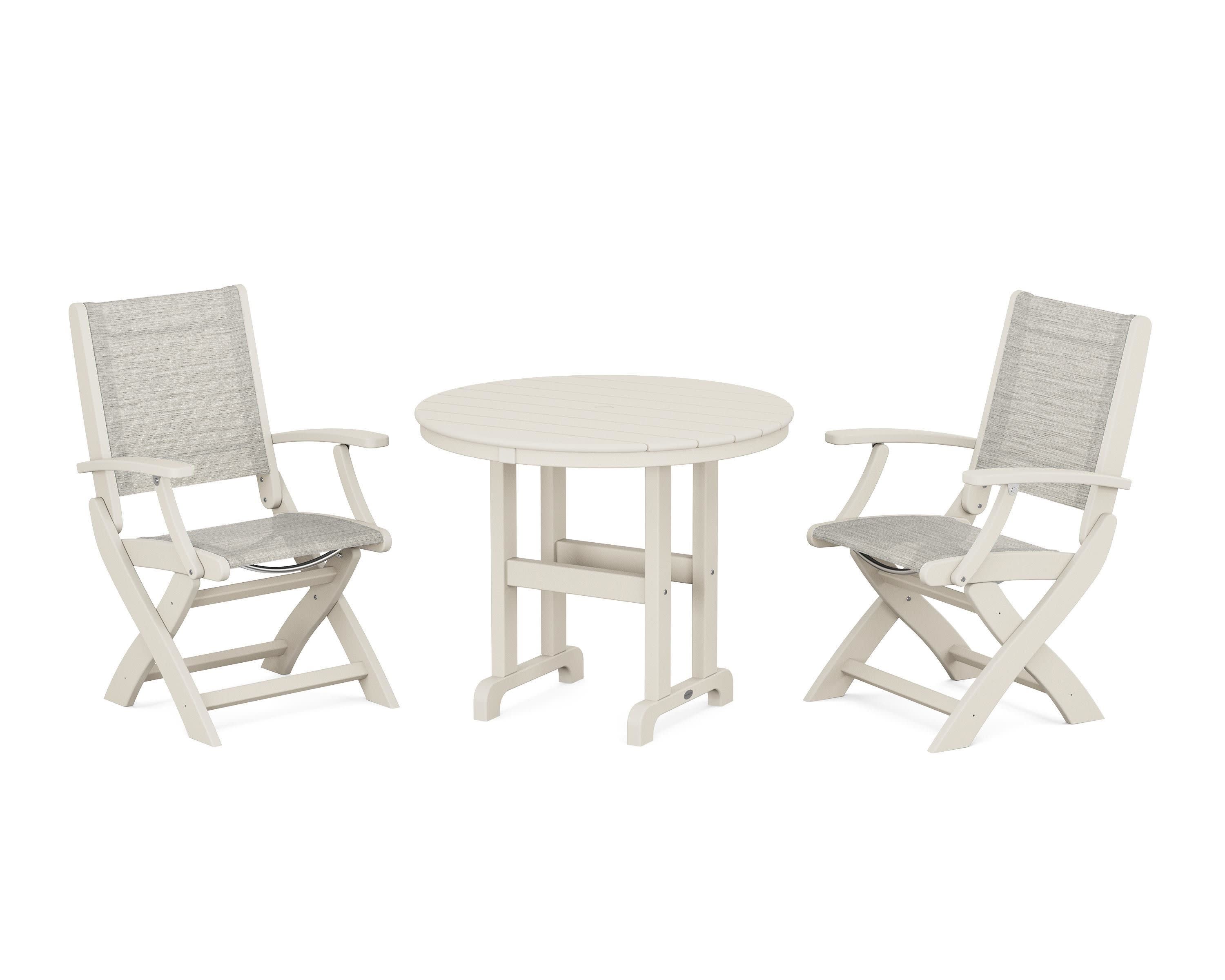 Coastal Folding Chair 3-Piece Round Dining Set in Sand / Birch Sling