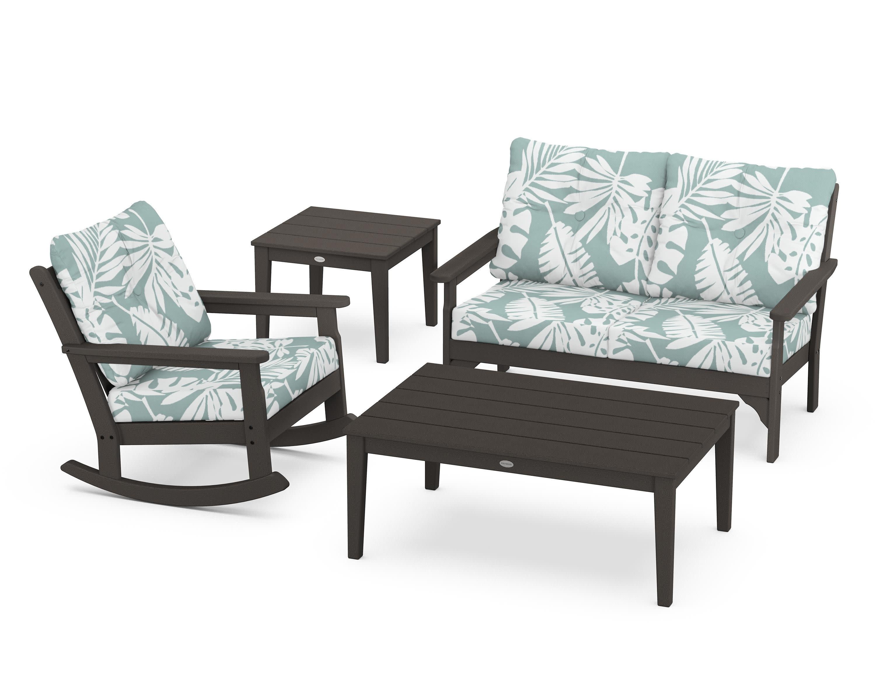 Vineyard 4-Piece Deep Seating Rocker Set in Vintage Coffee / Leaf Glacier Spa