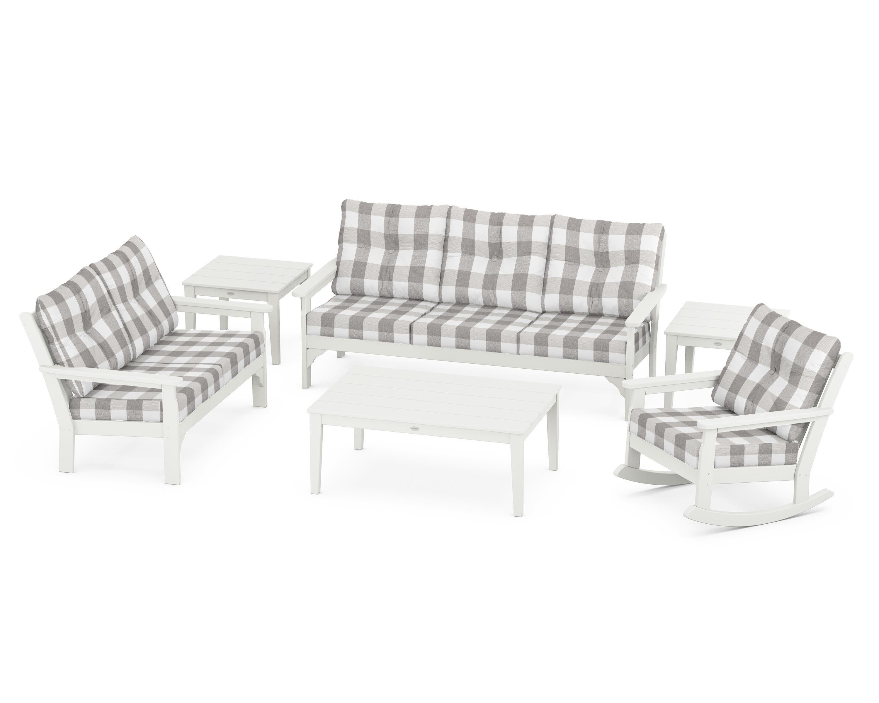 Vineyard 6-Piece Deep Seating Set in Vintage White / Buffalo Plaid Grey Mist