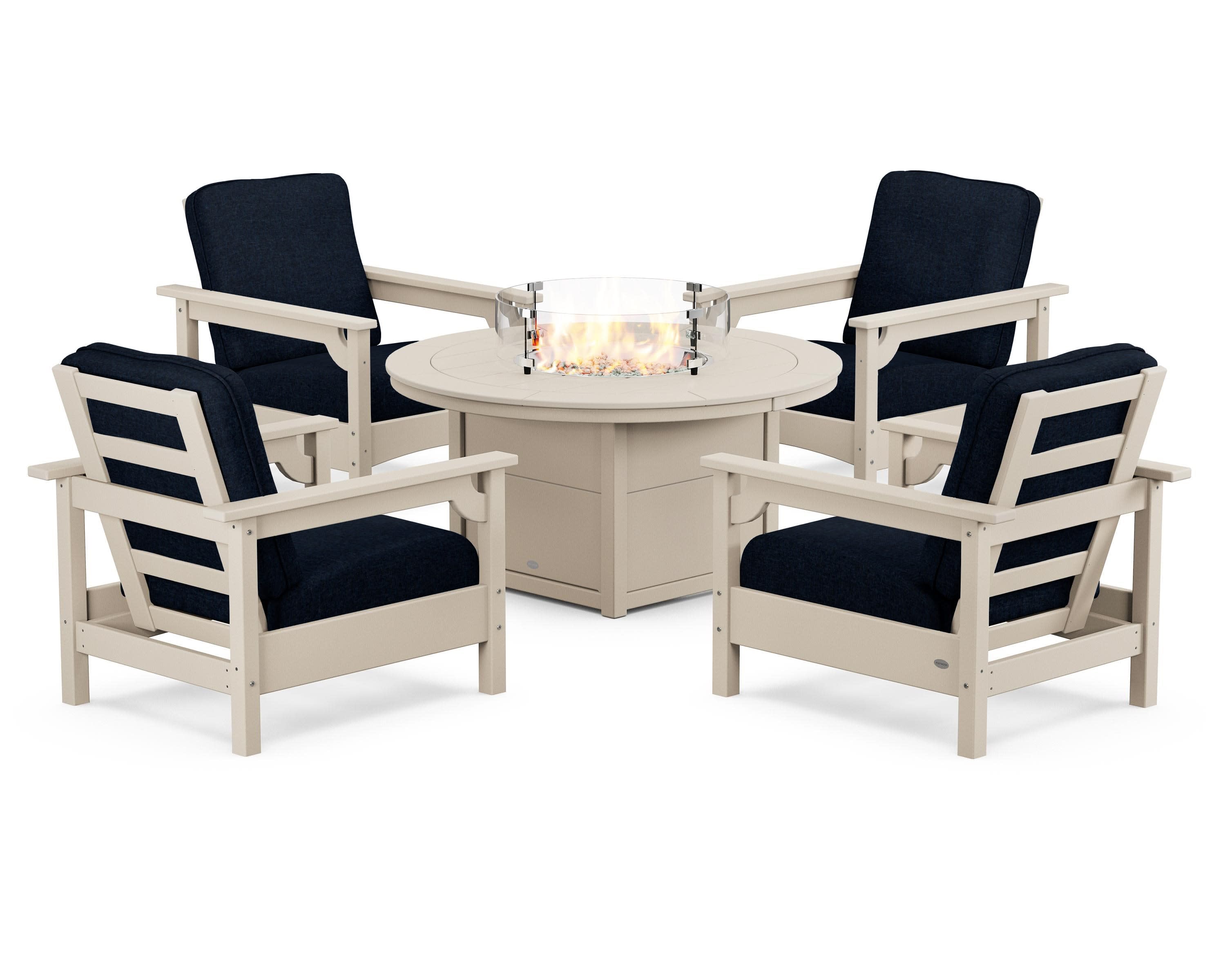 Club 5-Piece Conversation Set with Fire Pit Table in Sand / Marine Indigo