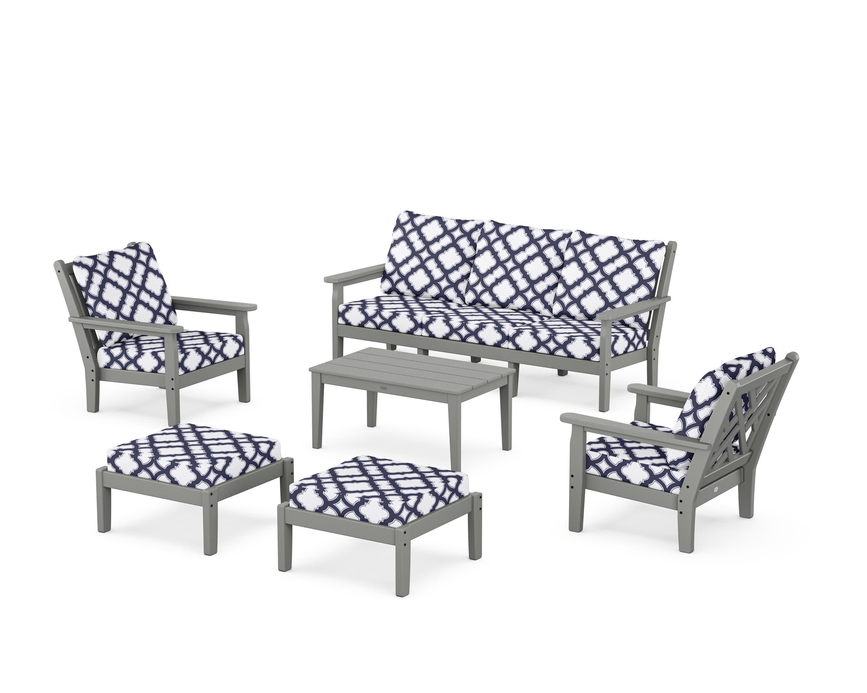 Chippendale 6-Piece Lounge Sofa Set in Slate Grey / Trellis Navy