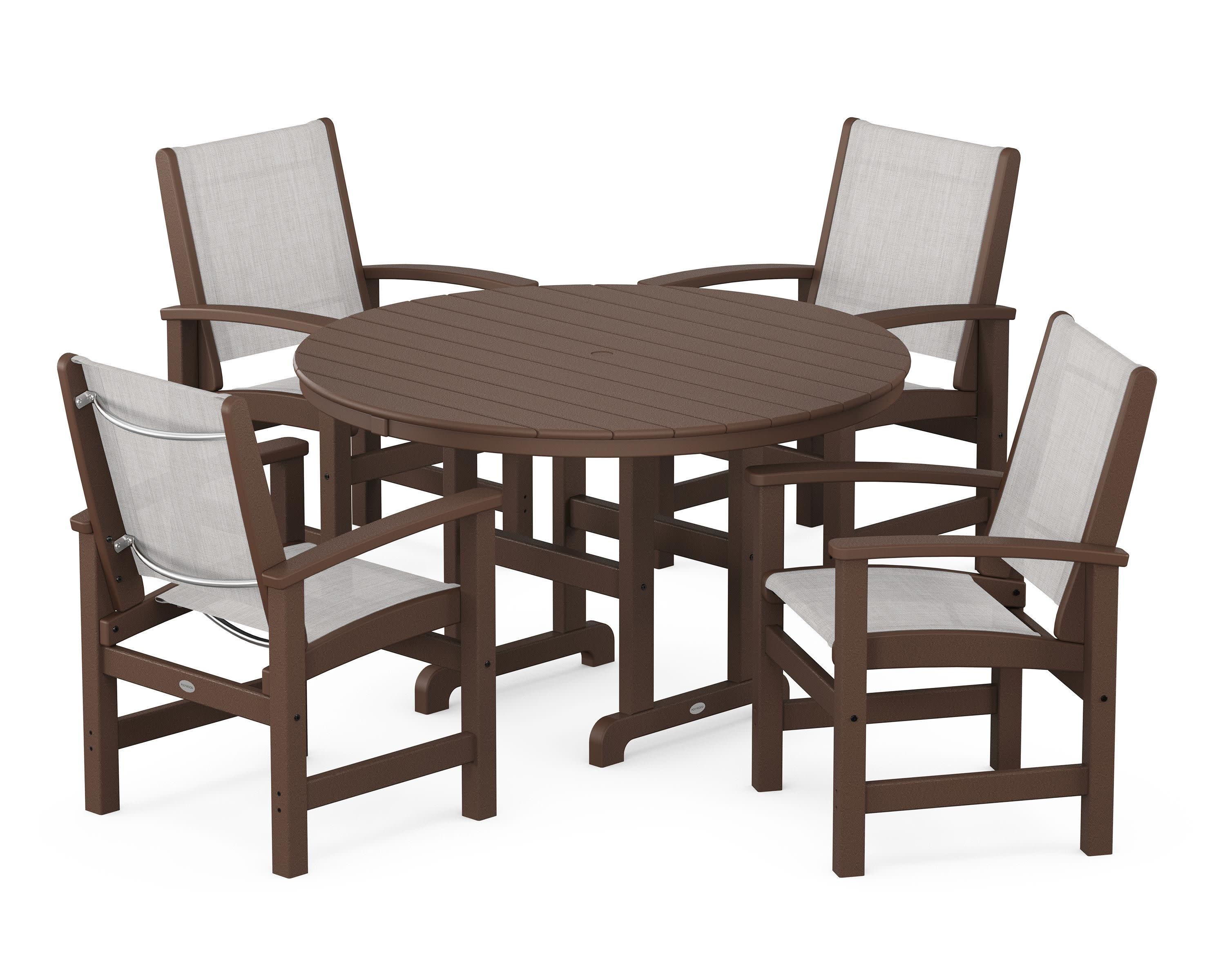 Coastal 5-Piece Round Farmhouse Dining Set in Mahogany / Parchment Sling