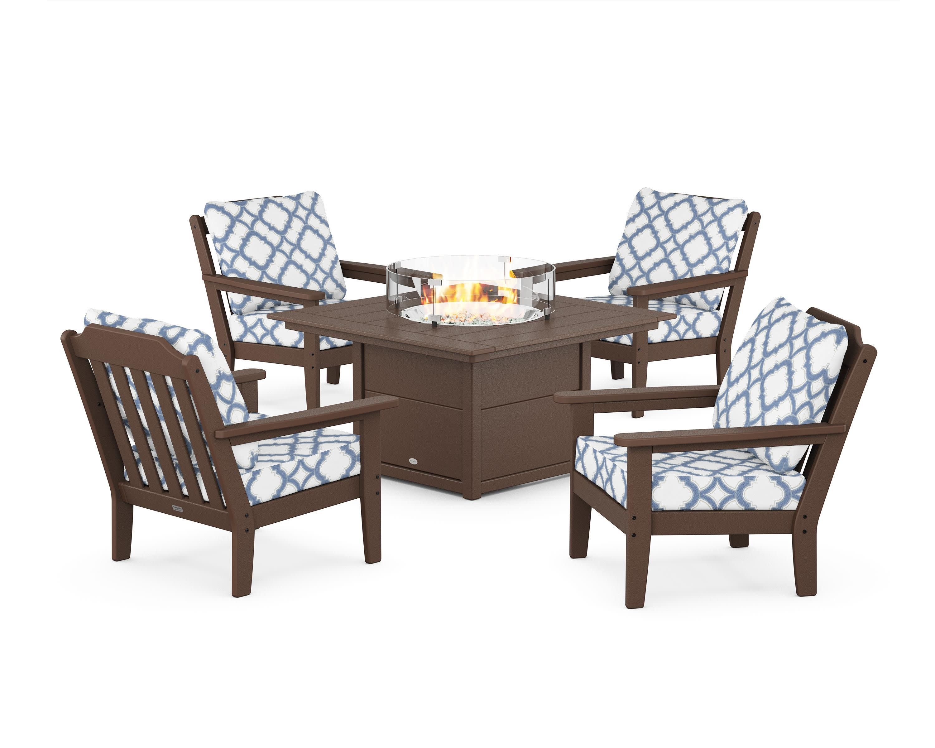 Cottage 5-Piece Deep Seating Set with Fire Pit Table in Mahogany / Trellis Sky Blue