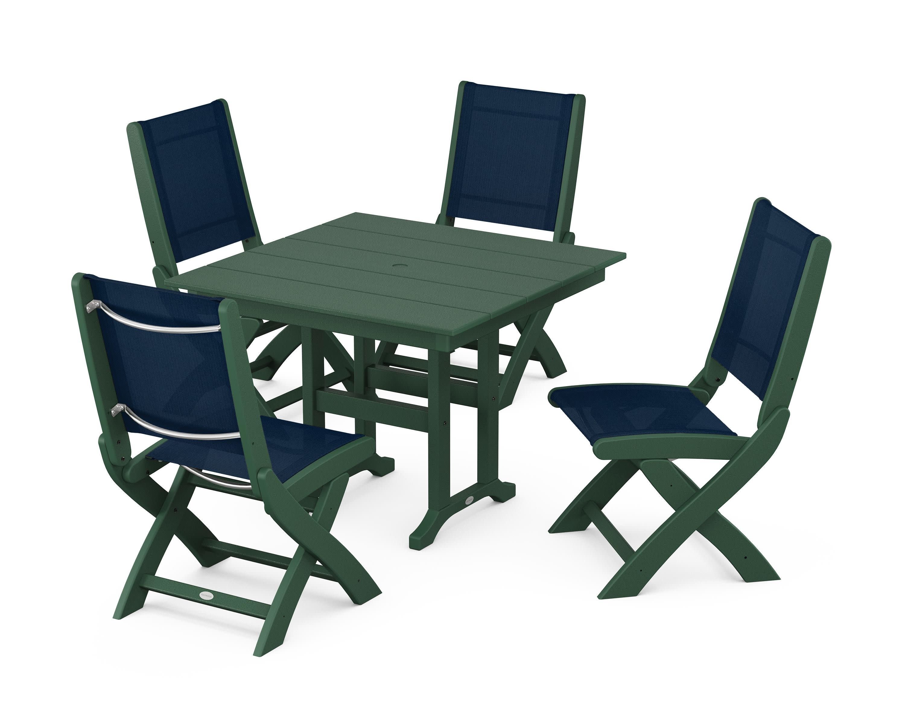 Coastal Folding Side Chair 5-Piece Farmhouse Dining Set in Green / Navy Blue Sling