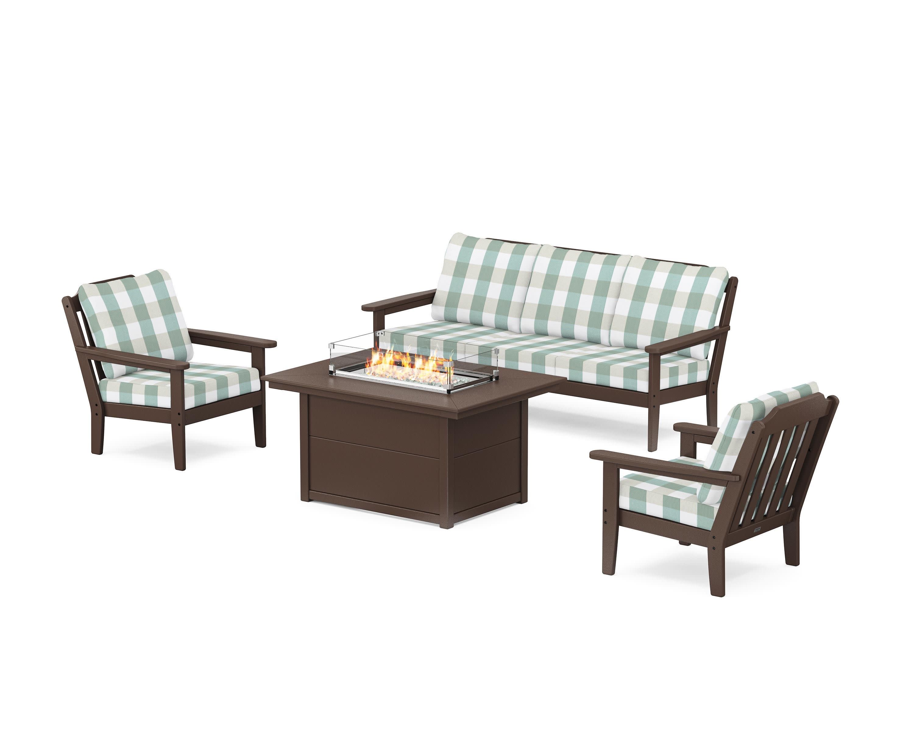 Cottage Deep Seating Fire Pit Table Set in Mahogany / Buffalo Plaid Glacier Spa