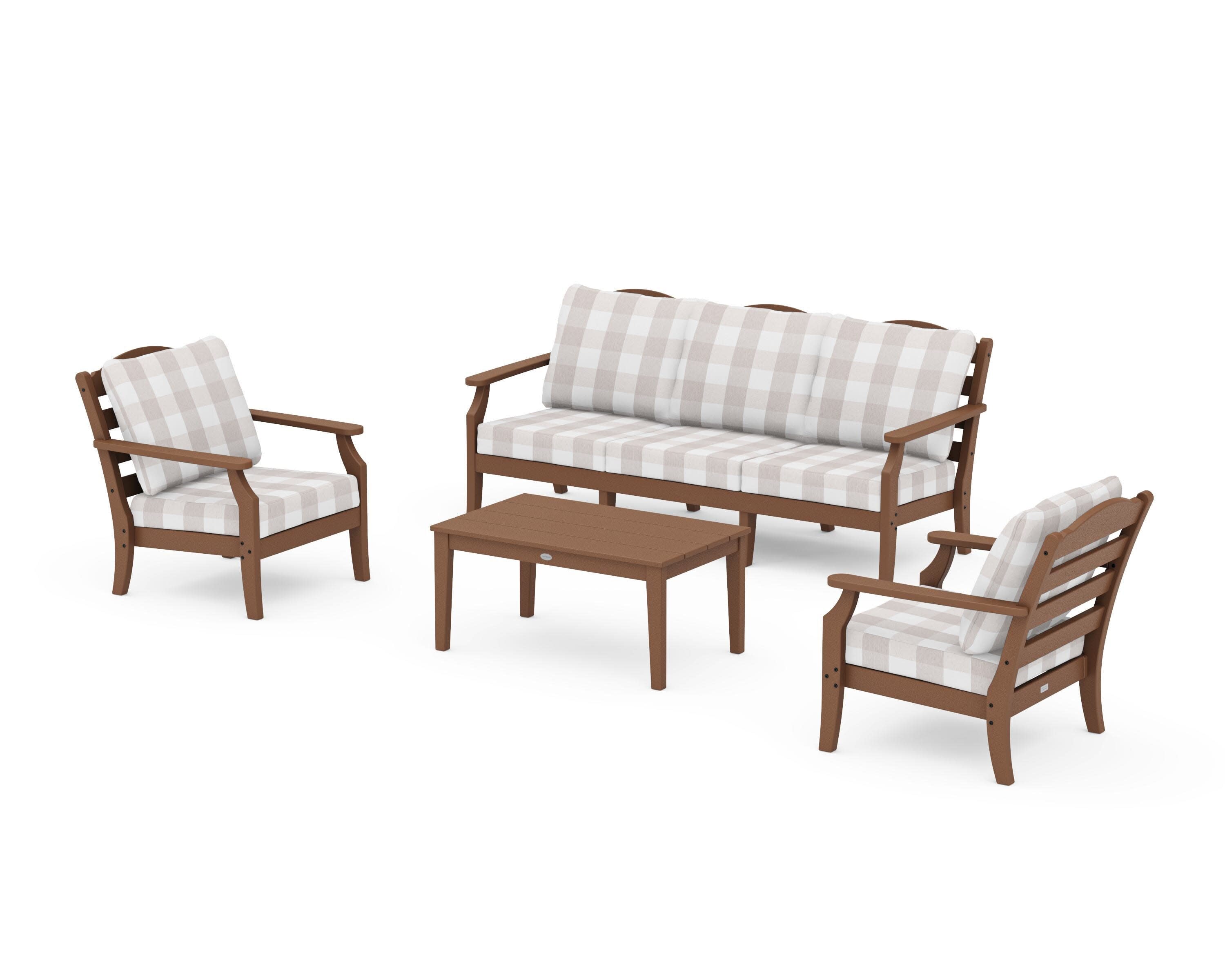 Savannah 4-Piece Deep Seating Set with Sofa in Teak / Buffalo Plaid Dune Burlap