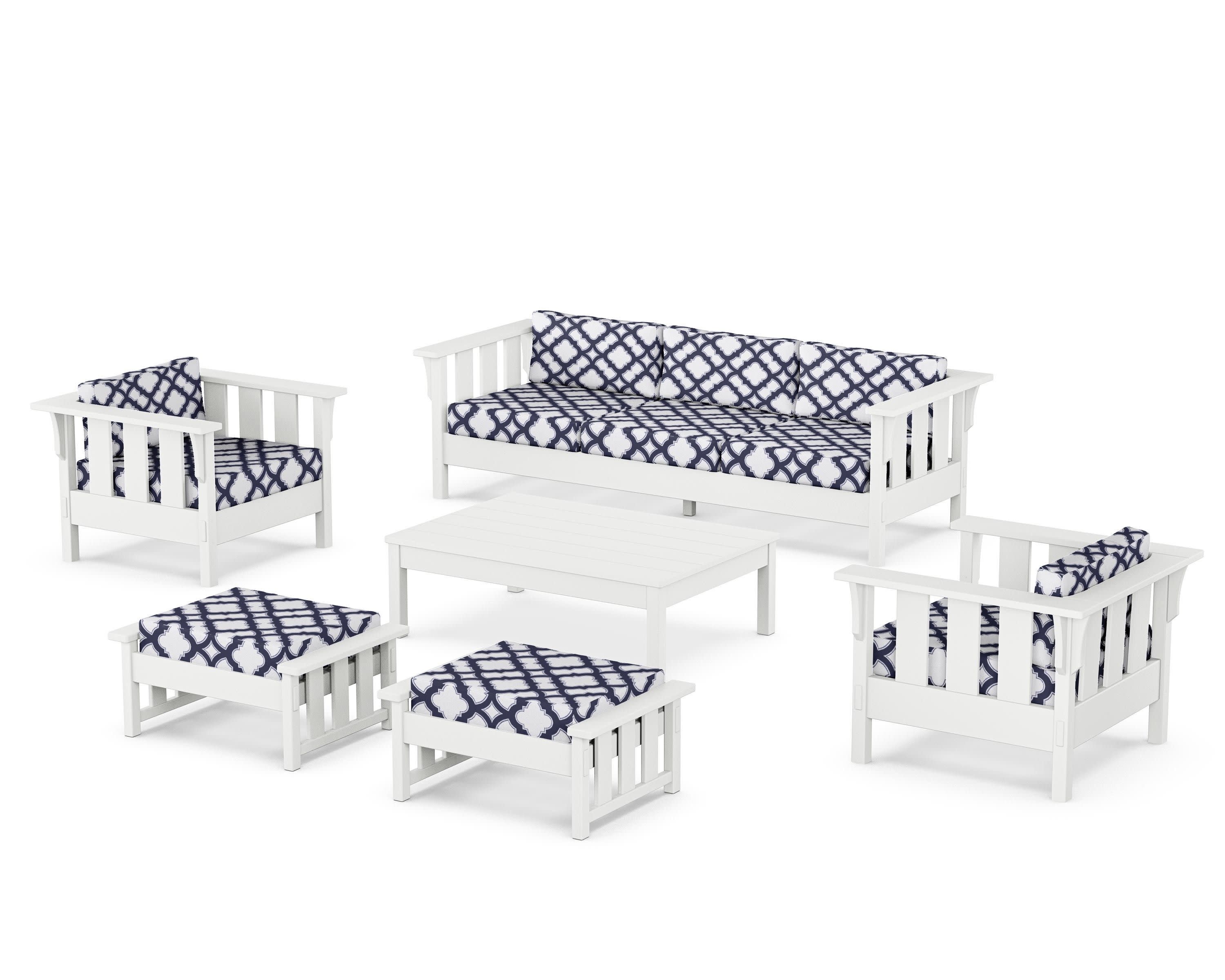 Acadia 6-Piece Lounge Sofa Set in White / Trellis Navy