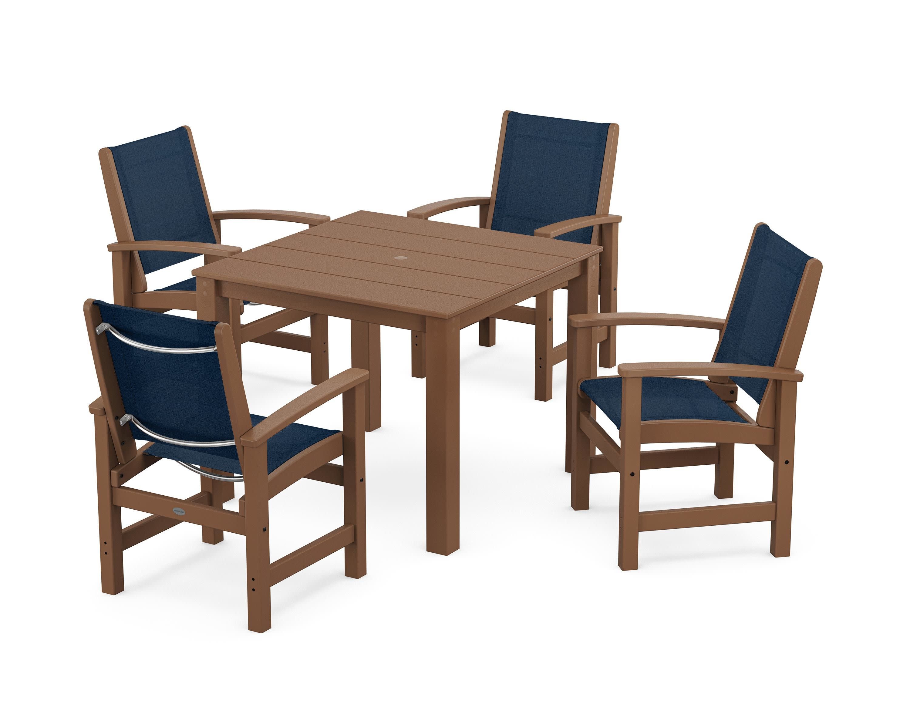 Coastal 5-Piece Parsons Dining Set in Teak / Navy Blue Sling
