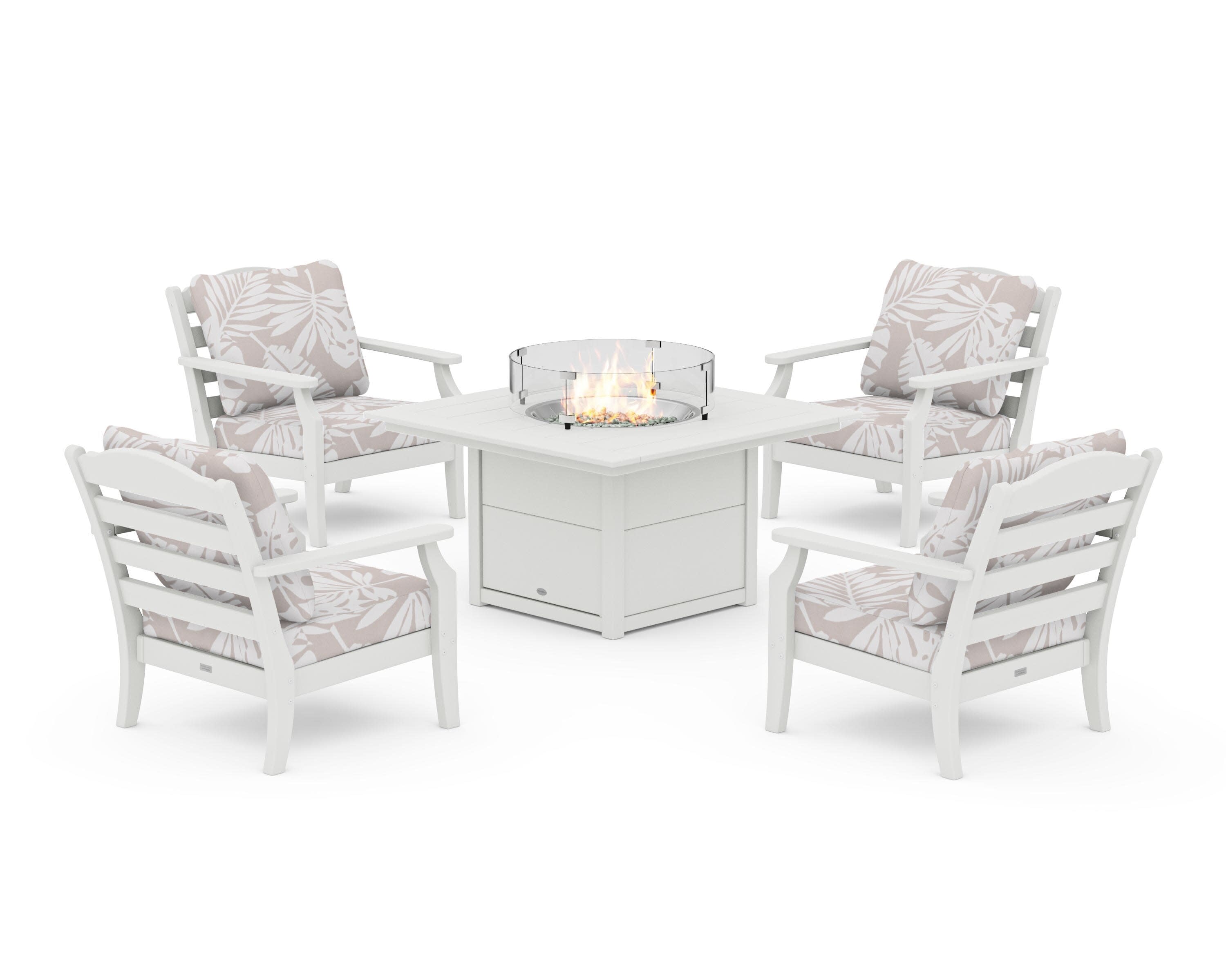 Savannah 5-Piece Deep Seating Set with Fire Pit Table in Vintage White / Leaf Dune Burlap