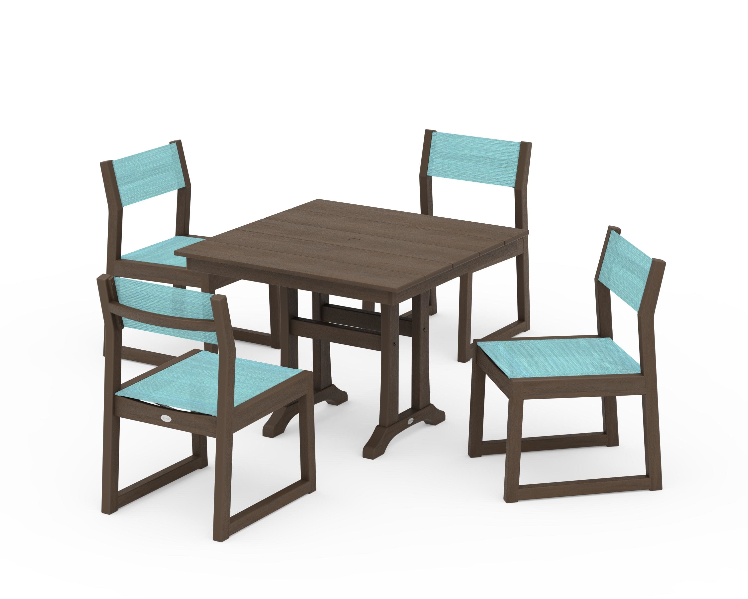 EDGE Sling 5-Piece Farmhouse Trestle Side Chair Dining Set in Kona / Dupioni Aquamarine Sling