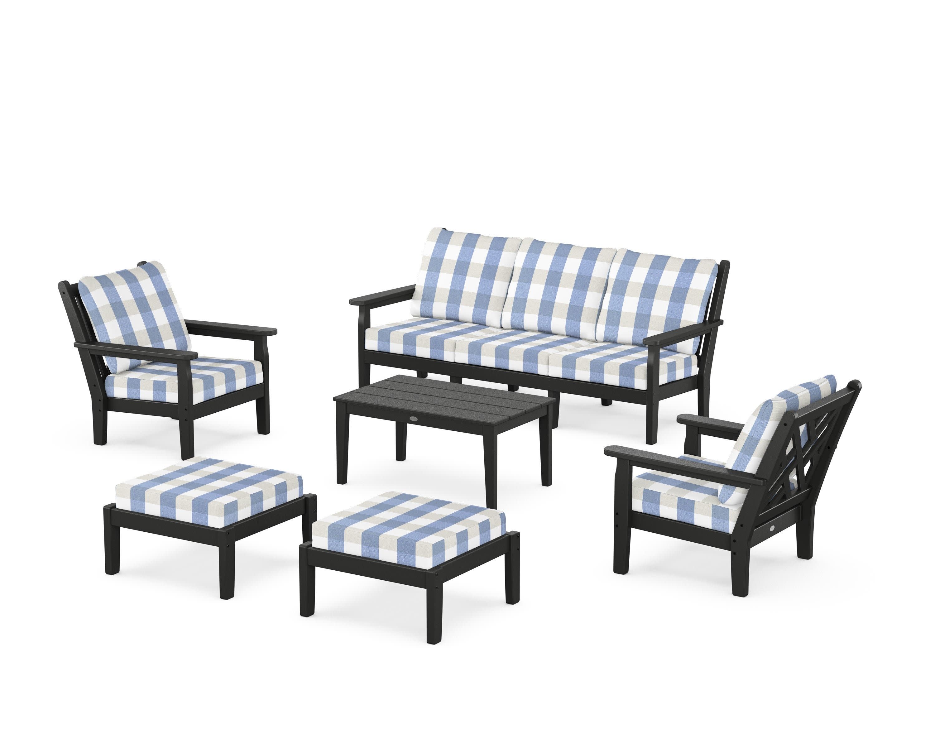 Chippendale 6-Piece Lounge Sofa Set in Black / Buffalo Plaid Sky Blue
