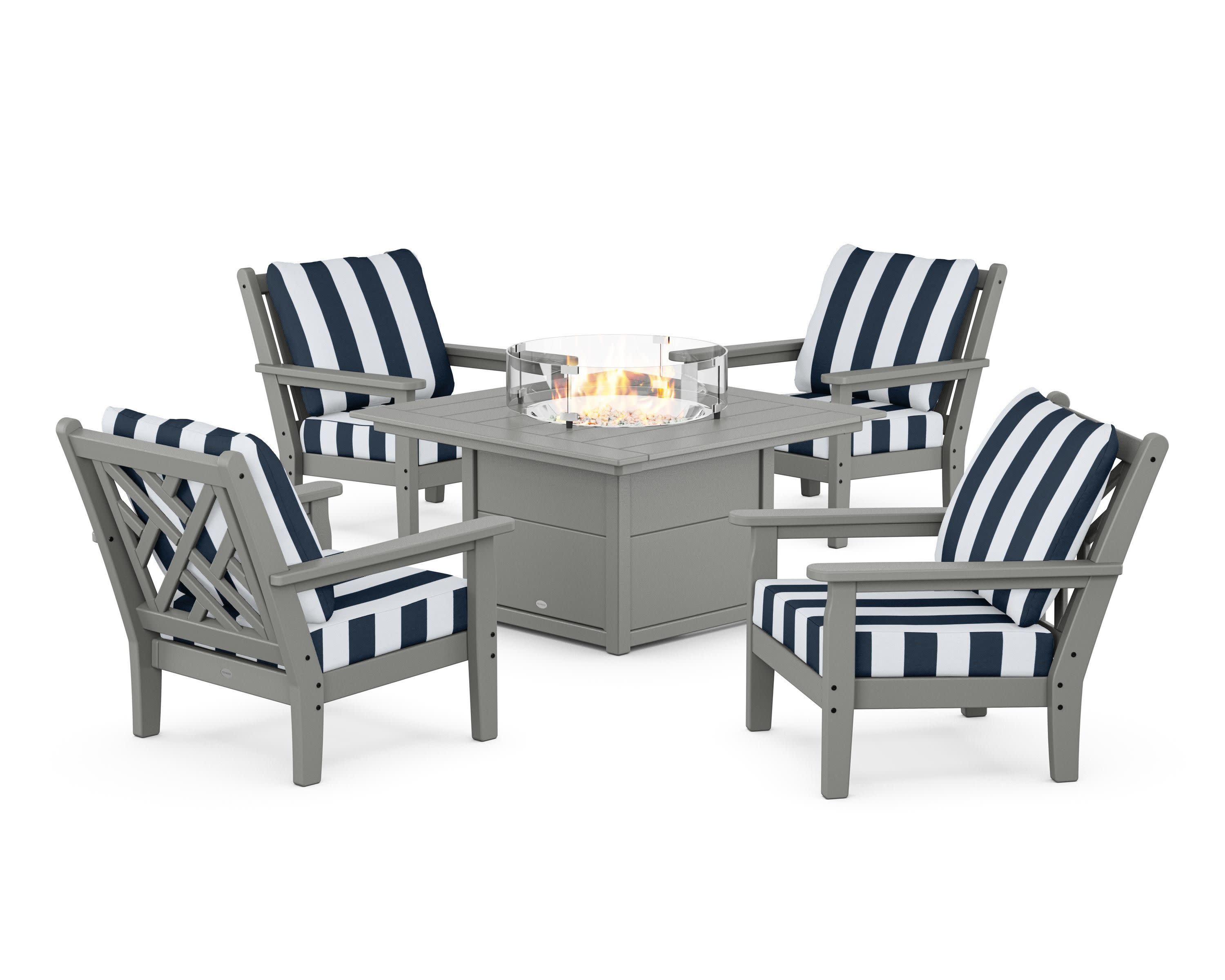 Chippendale 5-Piece Deep Seating Set with Fire Pit Table in Slate Grey / Cabana Stripe Marine Indigo