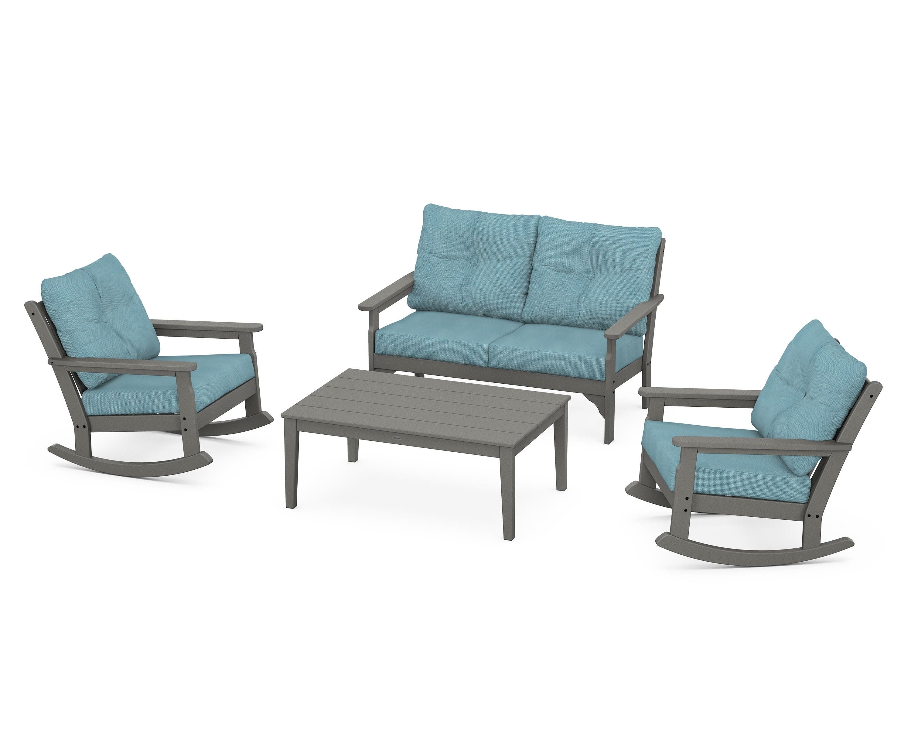 Vineyard 4-Piece Deep Seating Rocking Chair Set in Slate Grey / Lattice Sky Blue