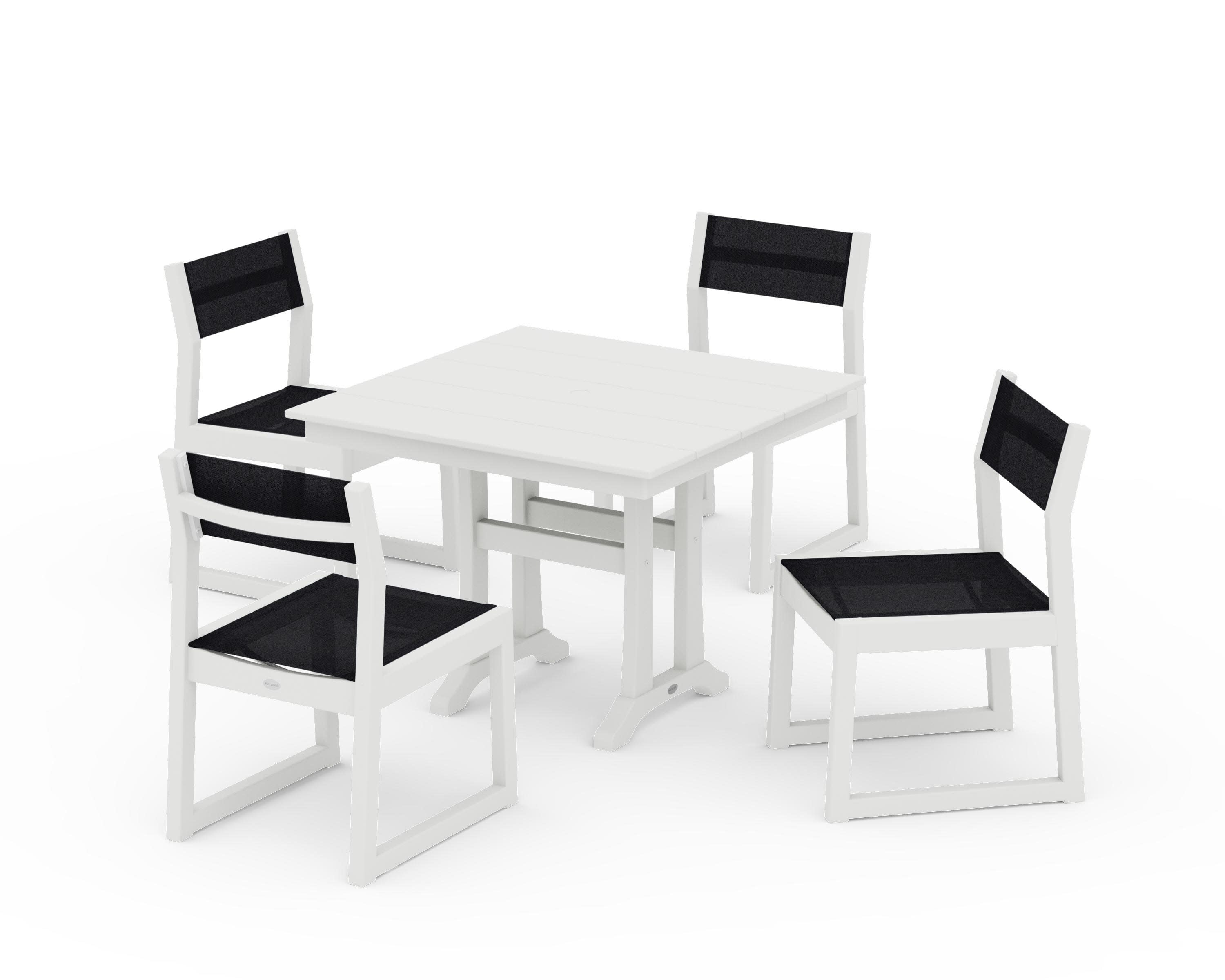 EDGE Sling 5-Piece Farmhouse Trestle Side Chair Dining Set in Vintage White / Black Sling