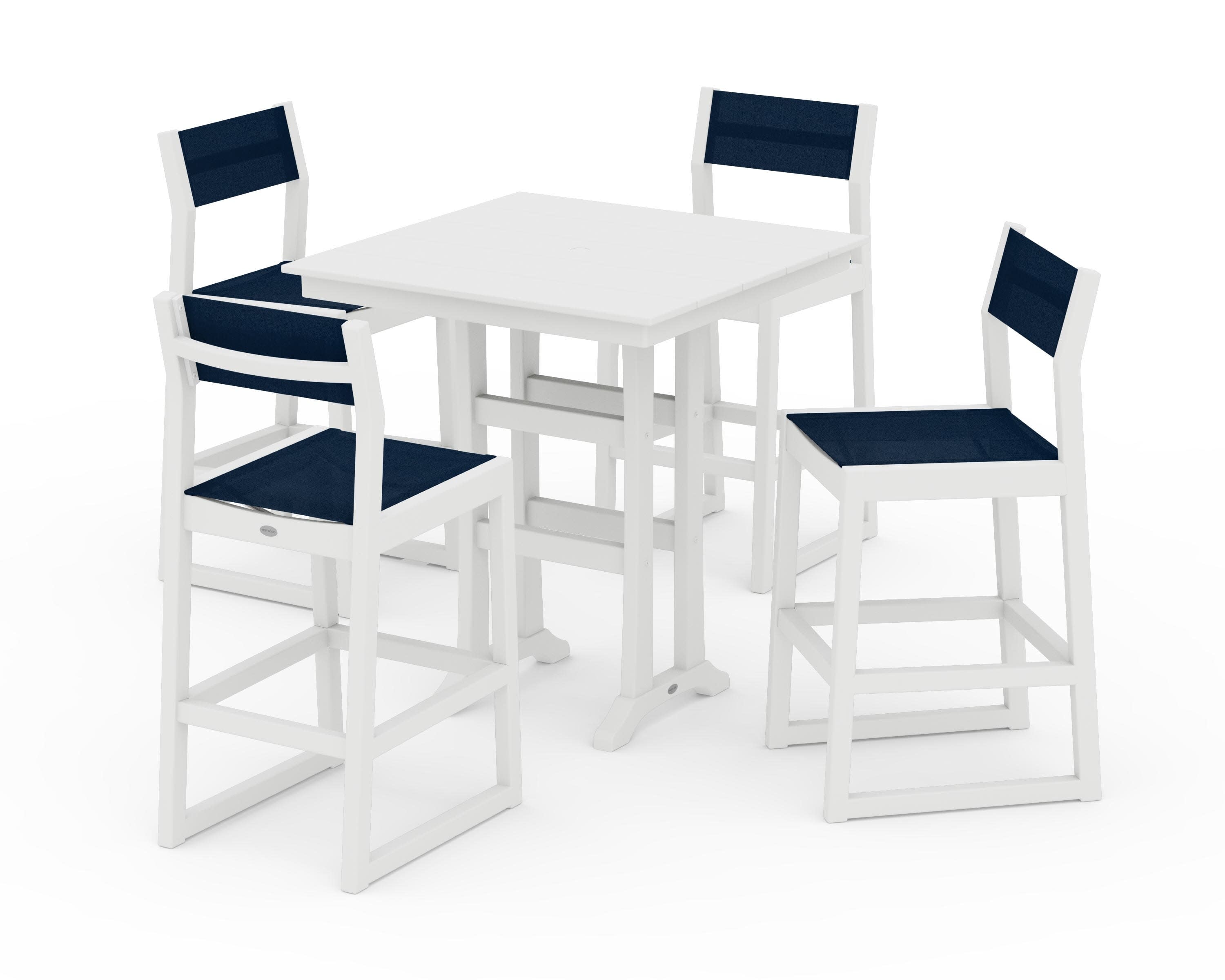 EDGE Sling Arm Chair 5-Piece Farmhouse Bar Set with Trestle Legs in White / Navy Blue Sling