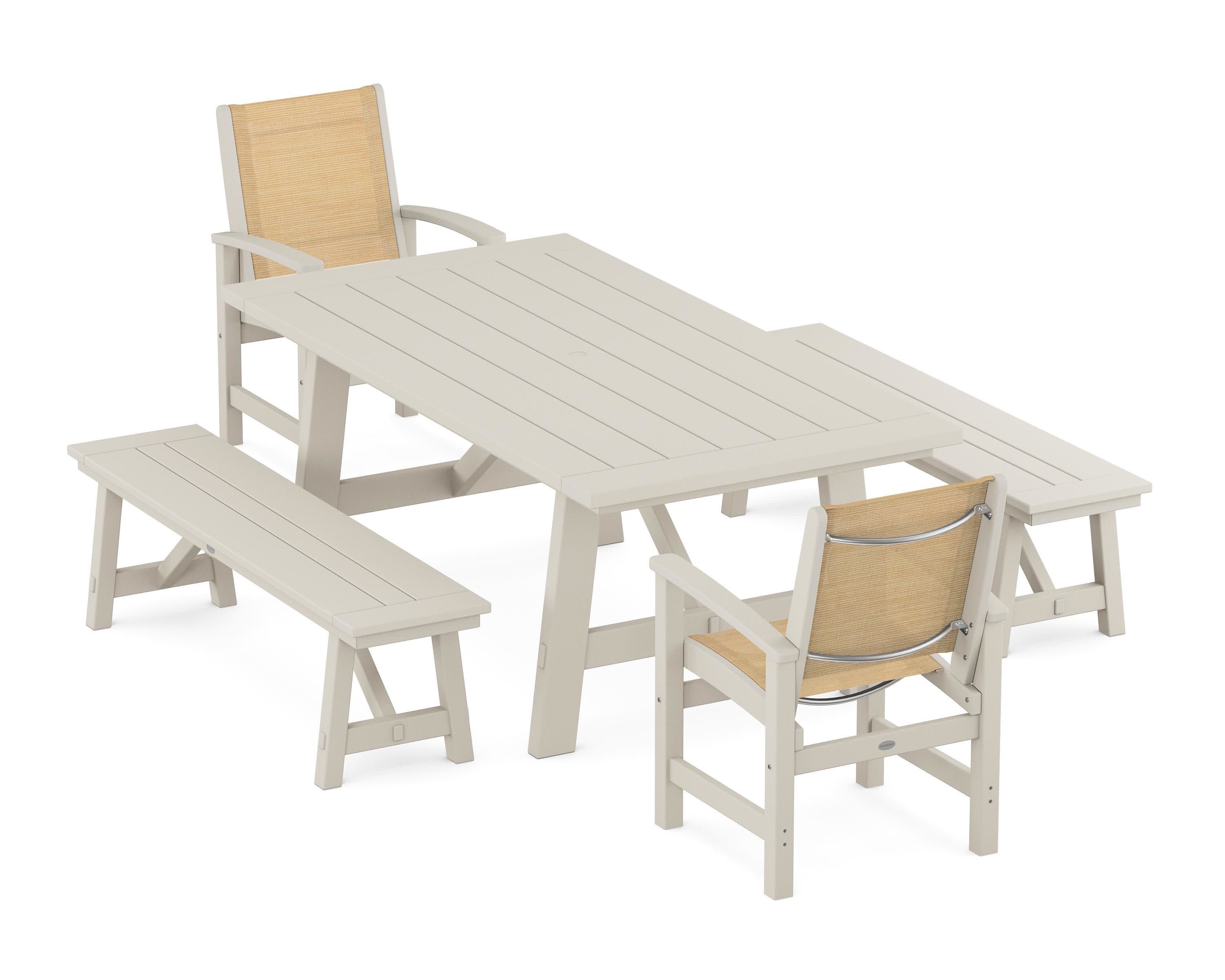 Coastal 5-Piece Rustic Farmhouse Dining Set With Benches in Sand / Dupioni Apricot Sling