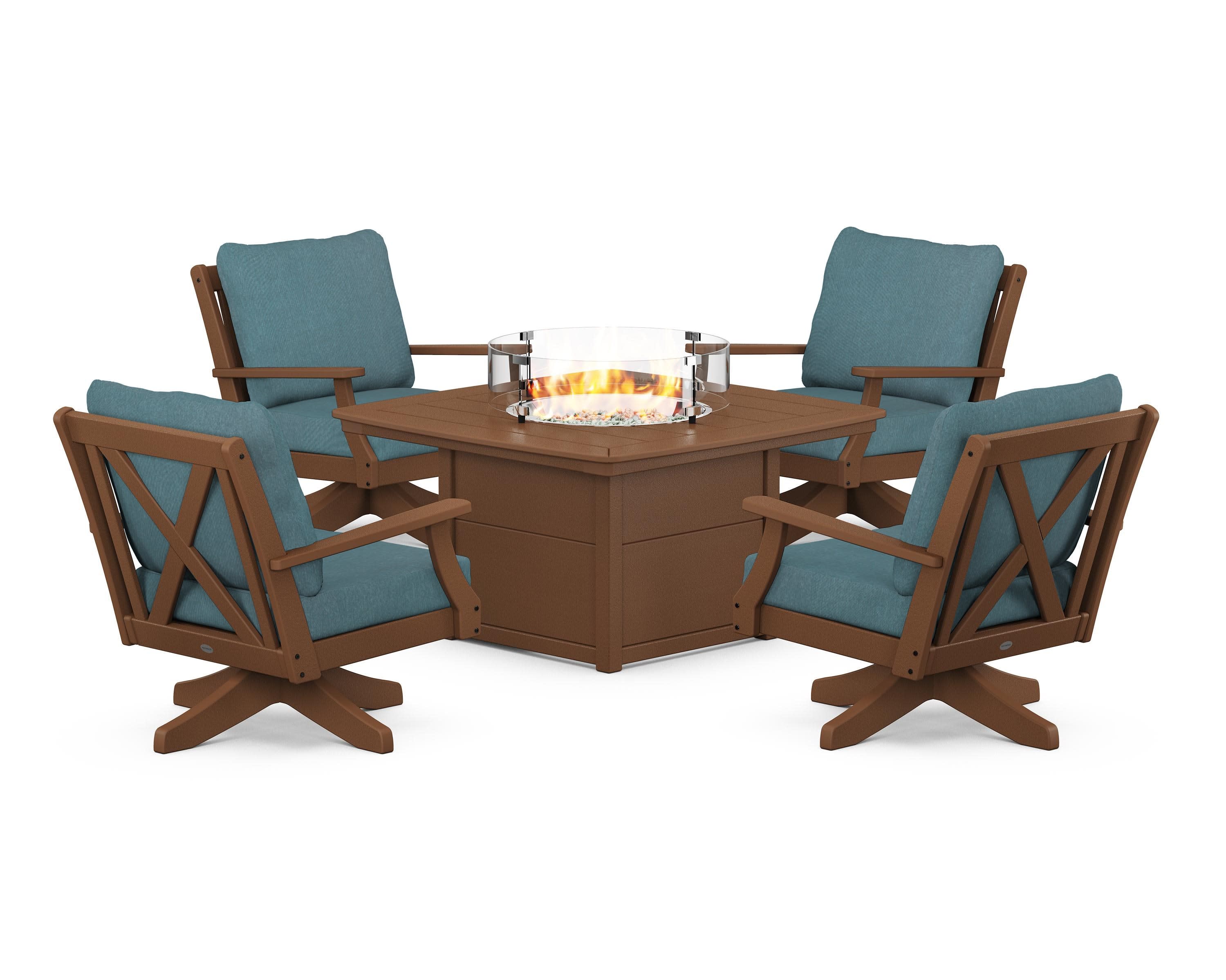 Braxton 5-Piece Deep Seating Swivel Conversation Set with Fire Pit Table in Teak / Ocean Teal